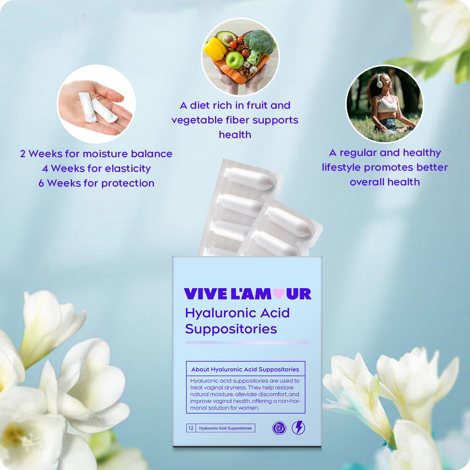 Vive L'Amour 1.5% Hyaluronic Acid Vaginal Suppositories — Continuous Hydration (12 Inserts)