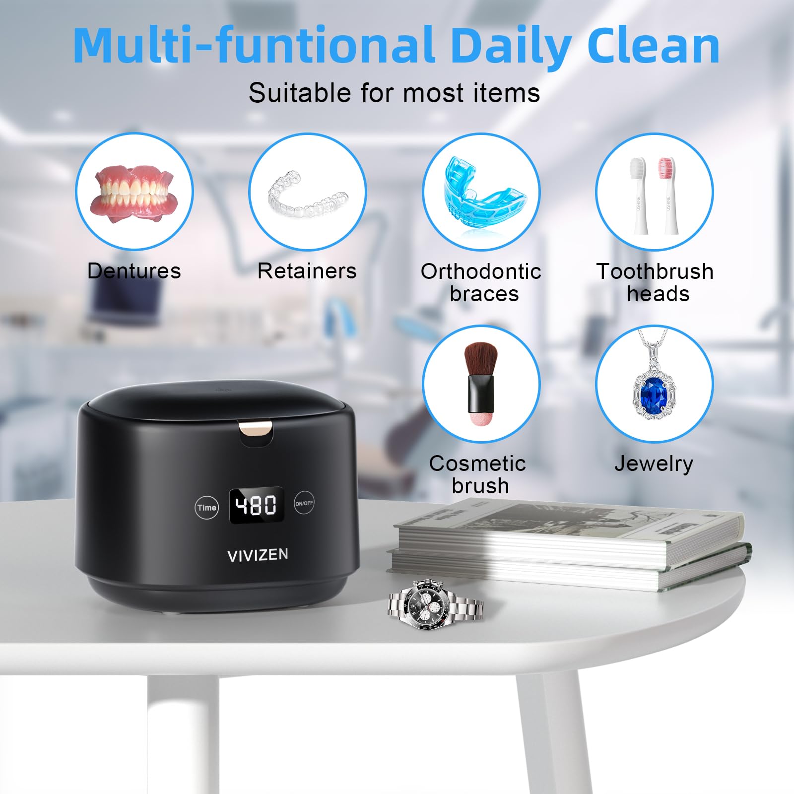 VIVIZEN Ultrasonic Retainer Cleaner – 45kHz Sonic Cleaning, 30W, Portable