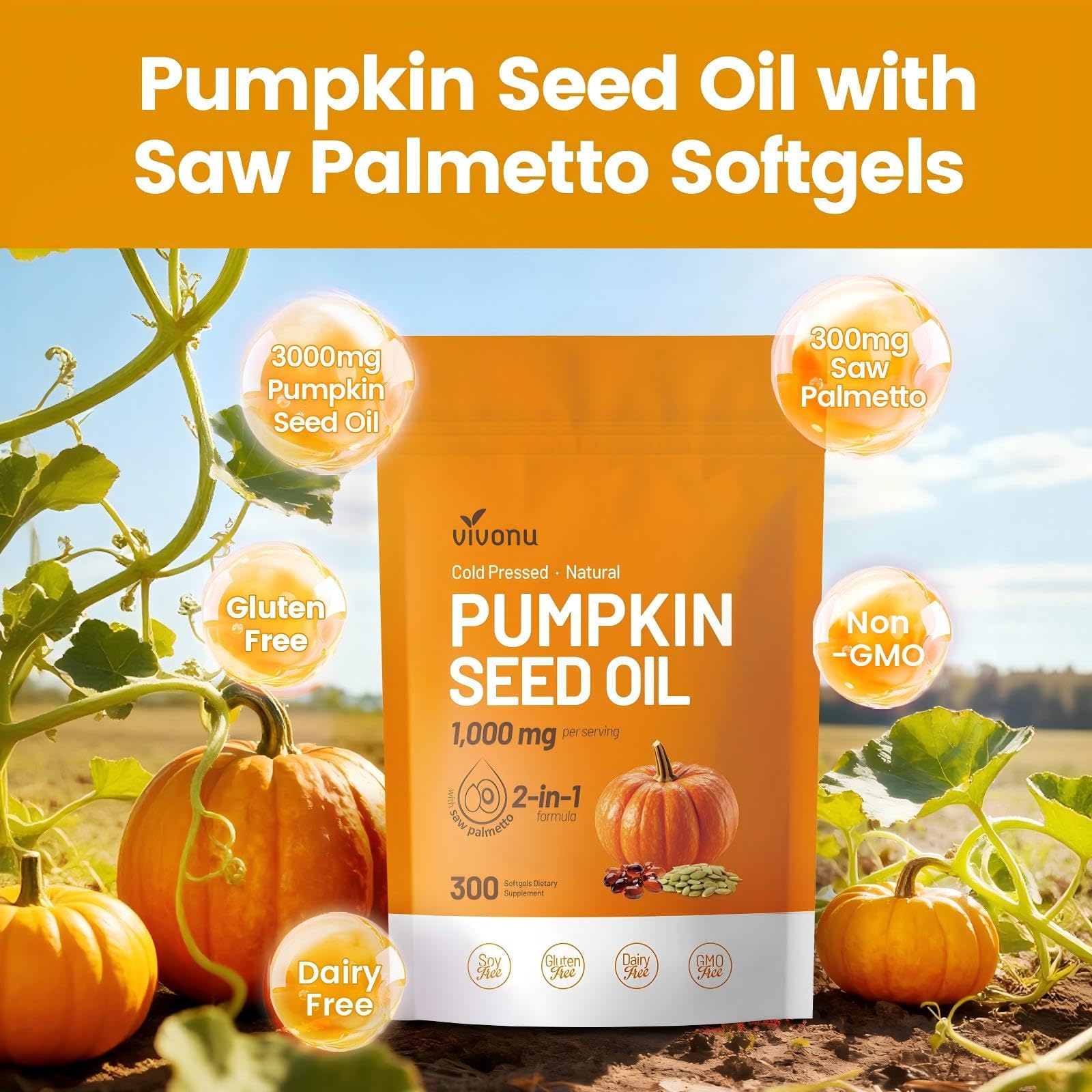 VivoNu Pumpkin Seed Oil with Saw Palmetto – Cold Pressed, 300 Softgels
