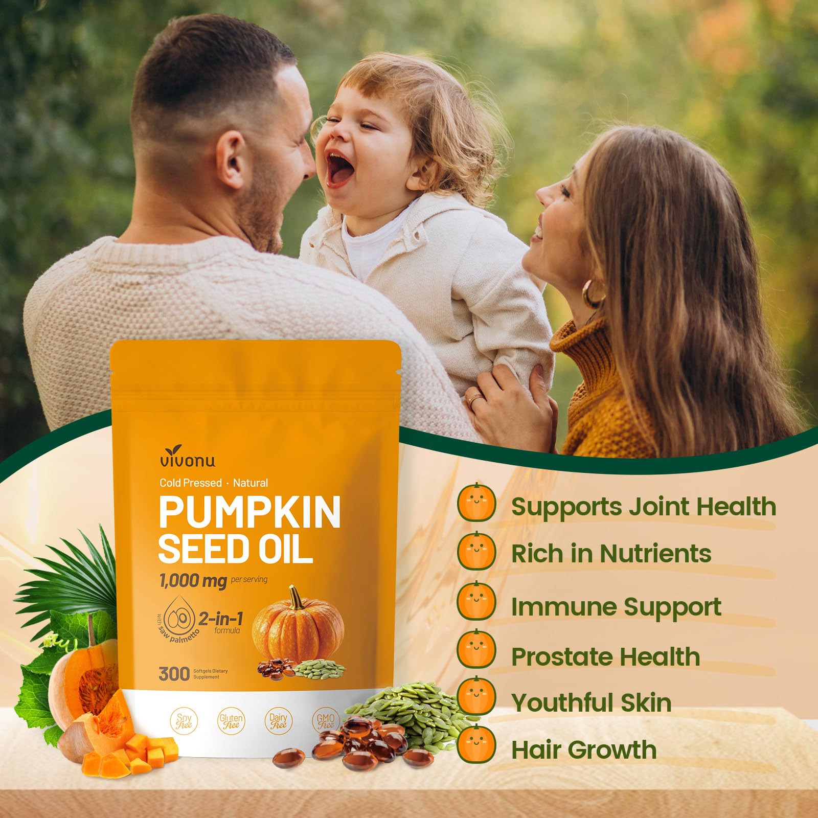 VivoNu Pumpkin Seed Oil with Saw Palmetto – Cold Pressed, 300 Softgels