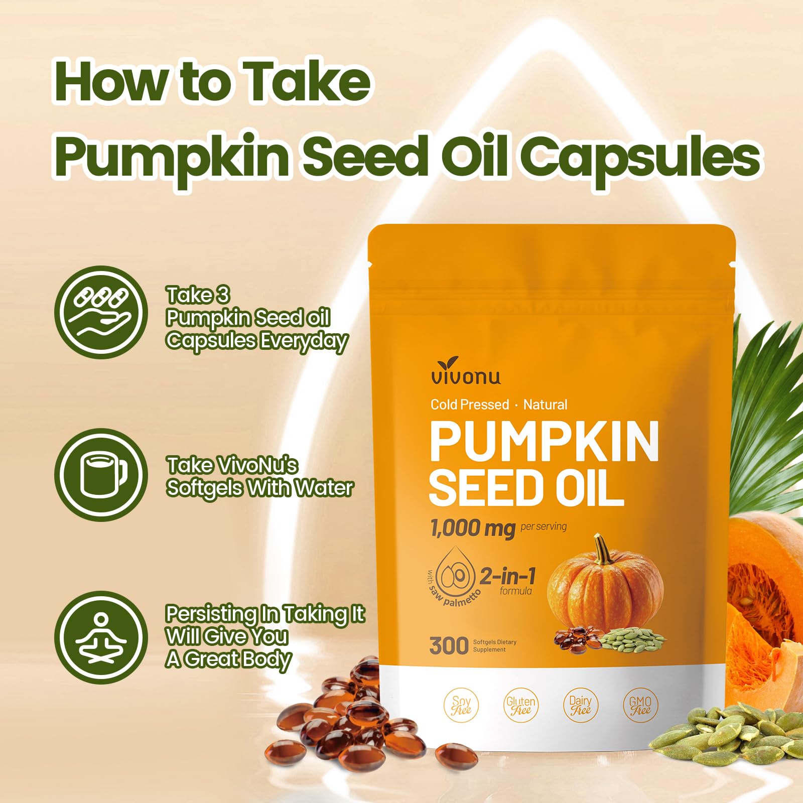 VivoNu Pumpkin Seed Oil with Saw Palmetto – Cold Pressed, 300 Softgels