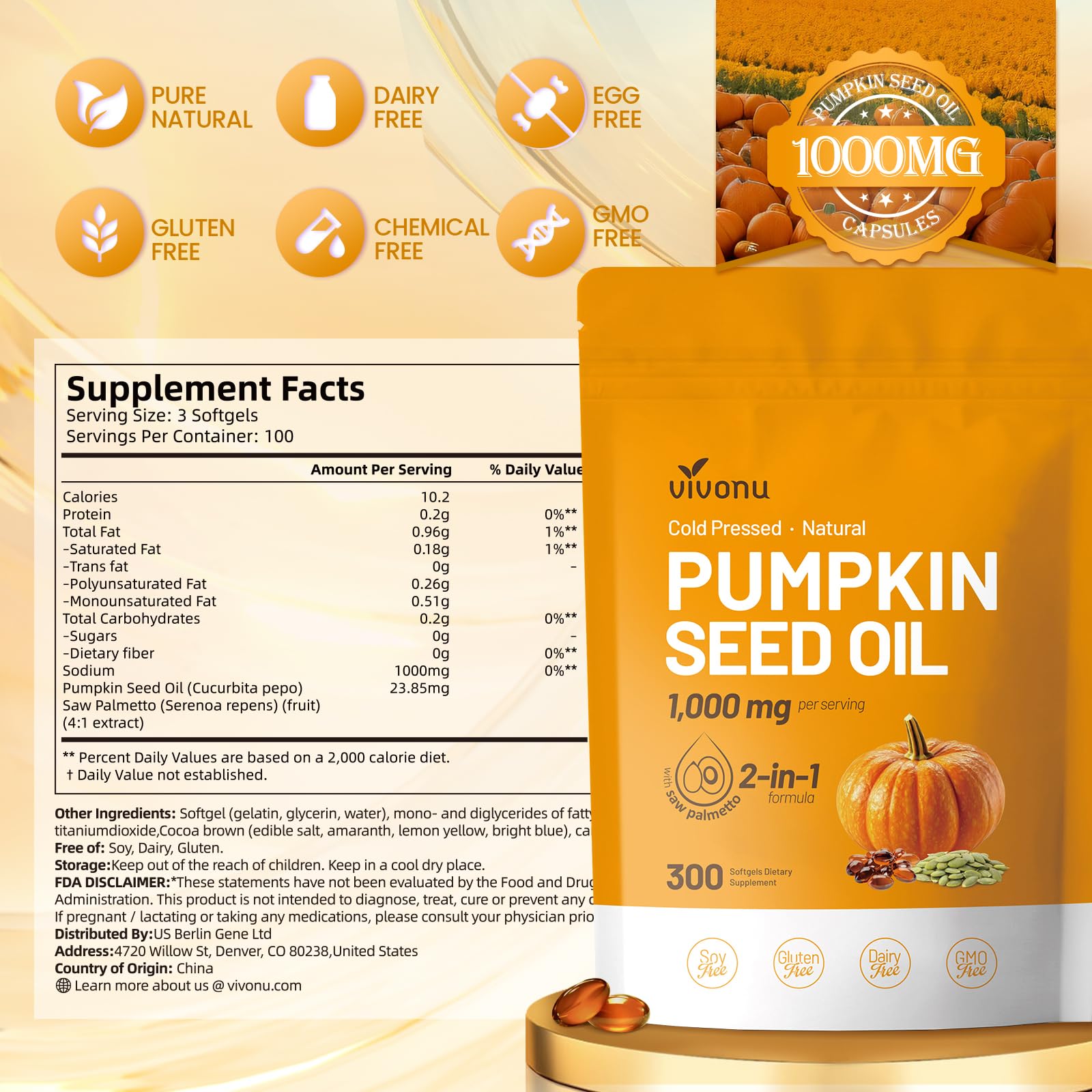VivoNu Pumpkin Seed Oil with Saw Palmetto – Cold Pressed, 300 Softgels