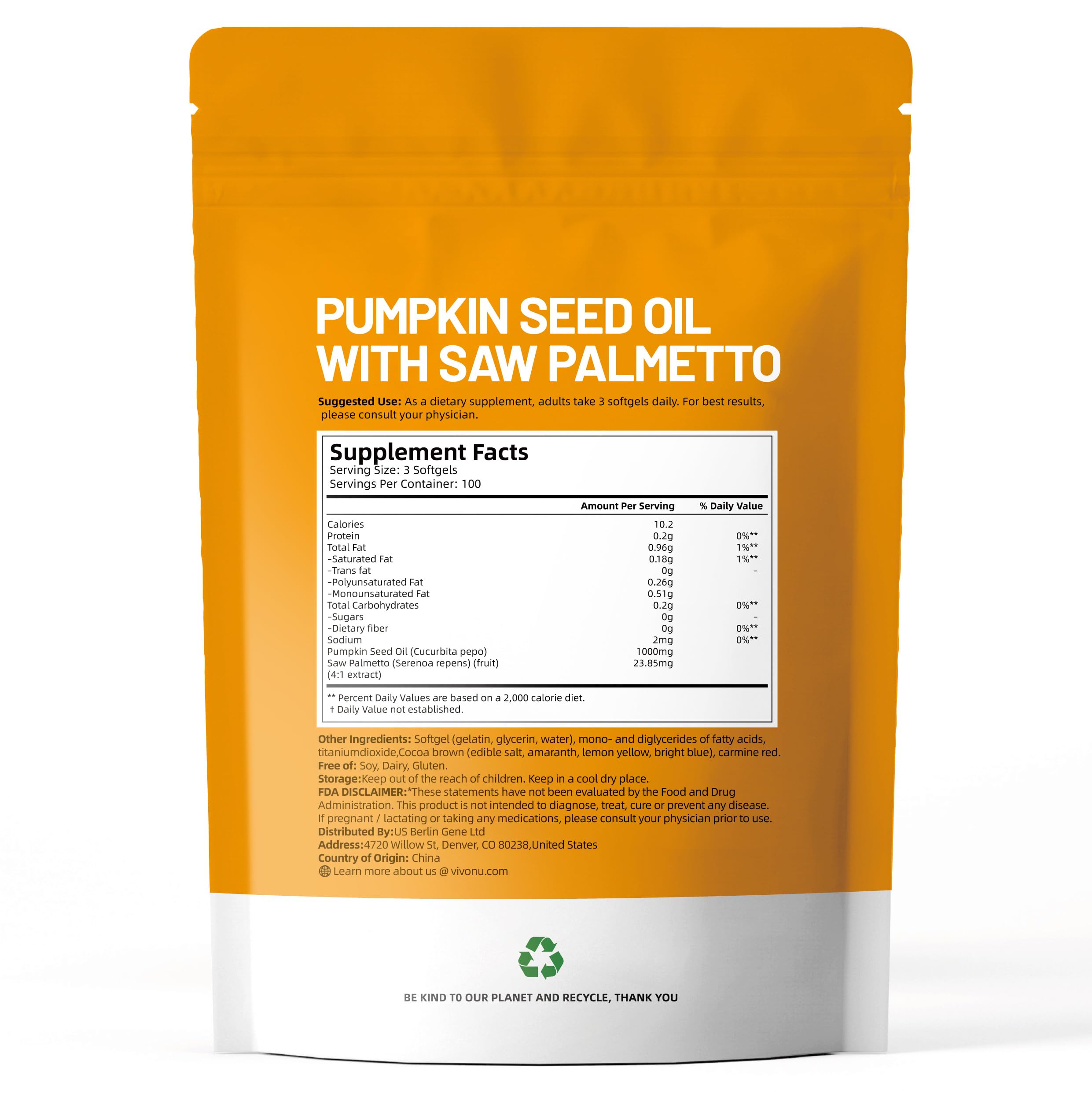 VivoNu Pumpkin Seed Oil with Saw Palmetto – Cold Pressed, 300 Softgels