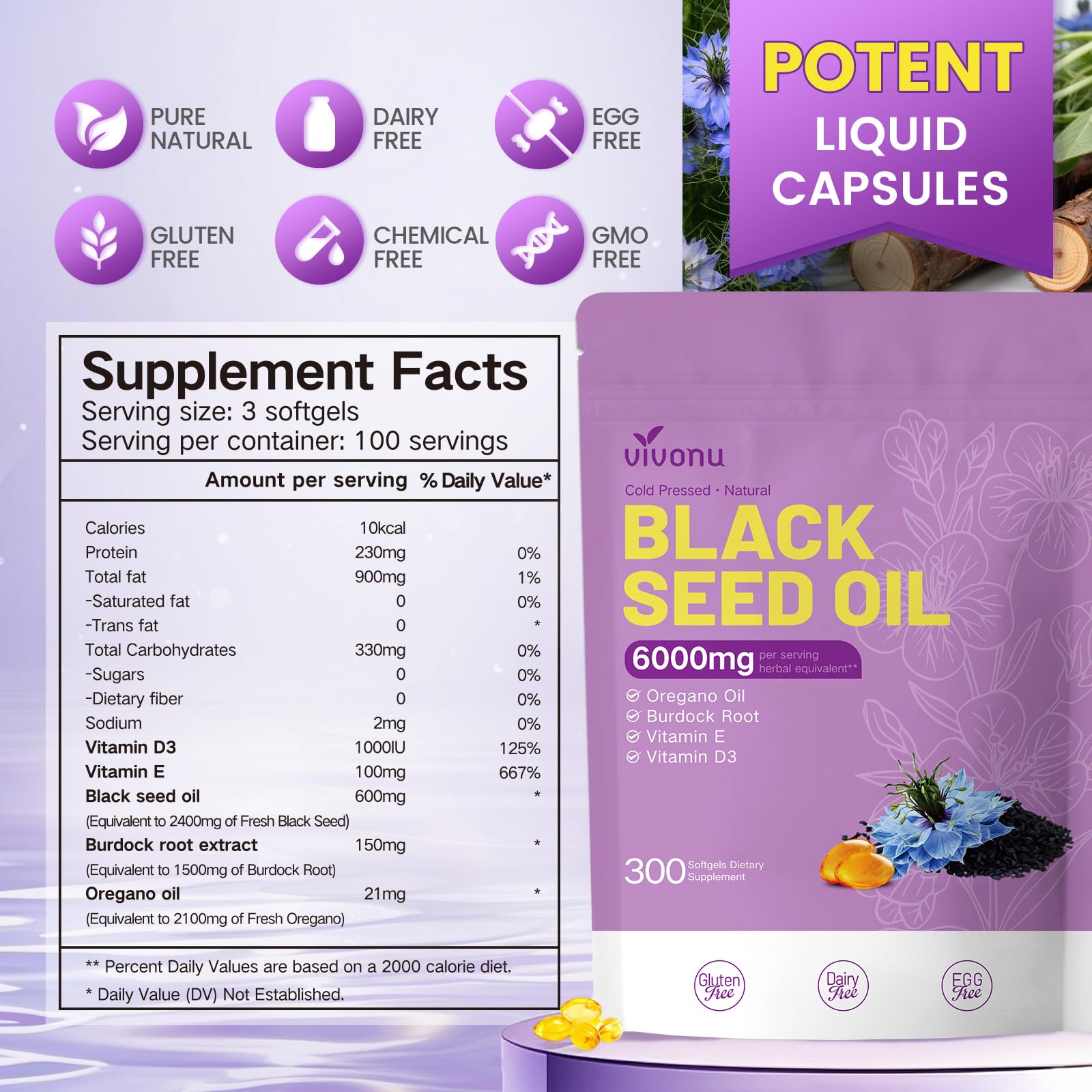 VivoNu Black Seed Oil Capsules – 6000mg, 300 Count | 9-in-1 Immune Support