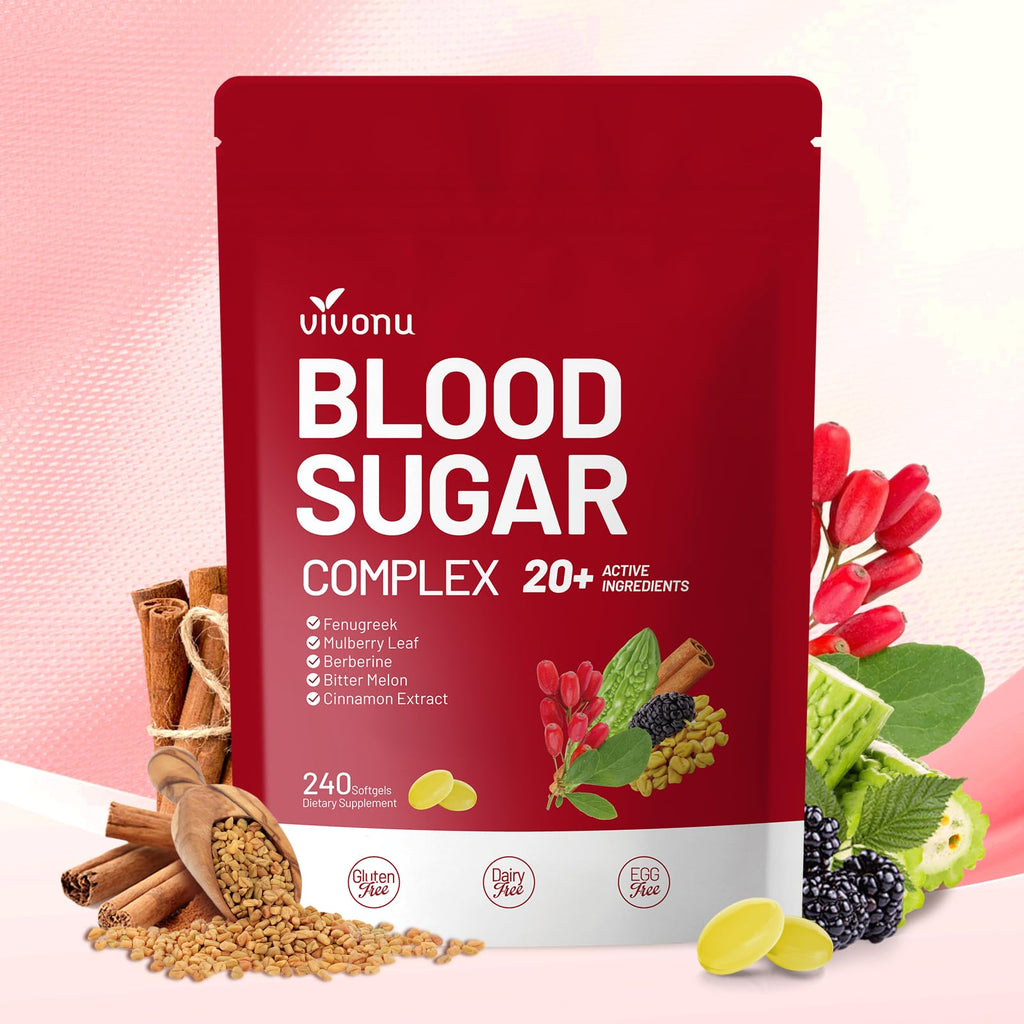 VivoNu Blood Sugar Complex – Advanced 20-Herb Formula with Cinnamon & Turmeric | Vegan, Non-GMO, Gluten-Free (240 Softgels)