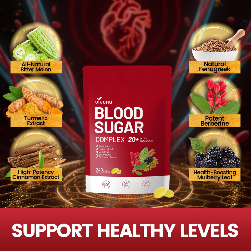 VivoNu Blood Sugar Complex – Advanced 20-Herb Formula with Cinnamon & Turmeric | Vegan, Non-GMO, Gluten-Free (240 Softgels)