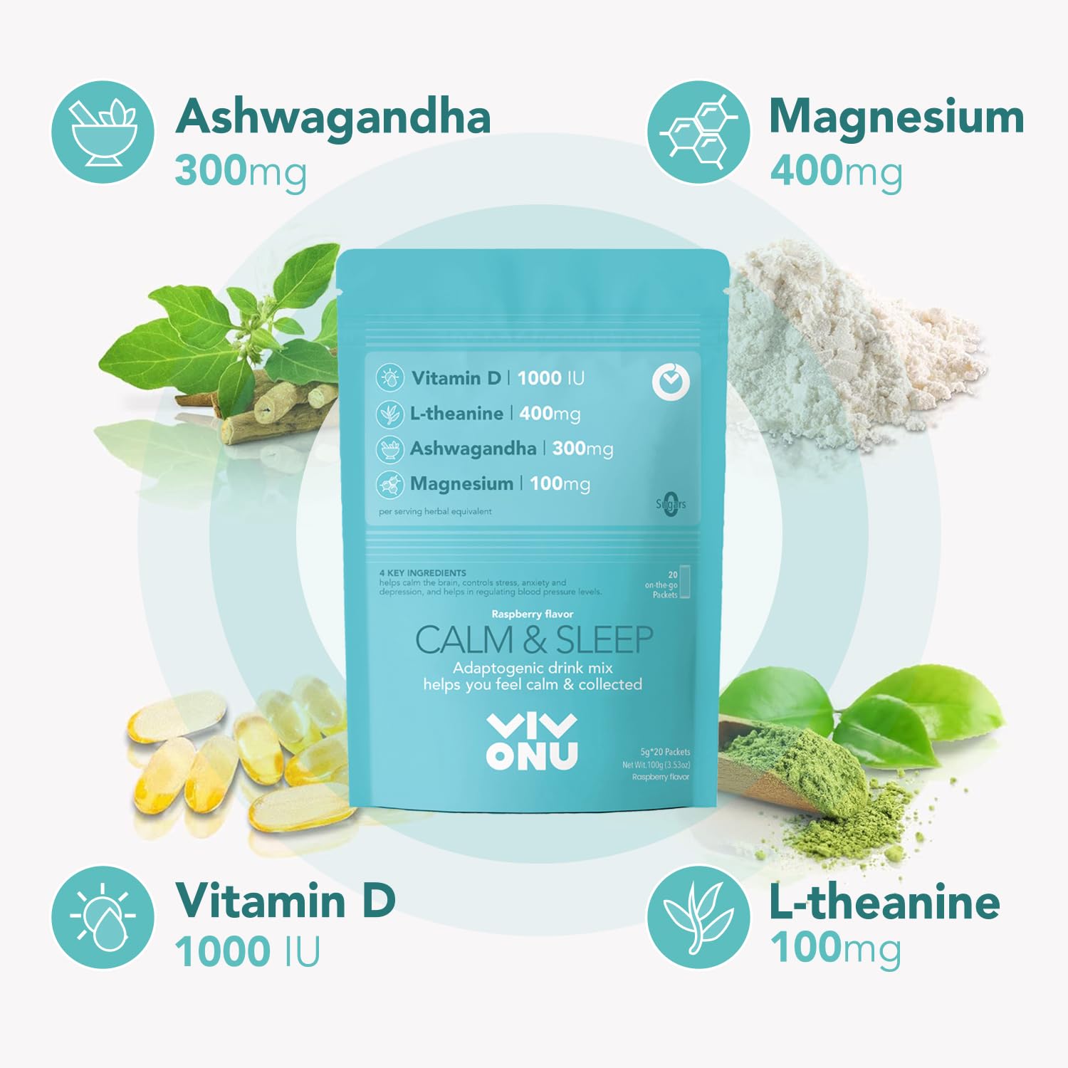 VivoNu Calm & Sleep Raspberry Powdered Drink Mix – L-Theanine, KSM-66 Ashwagandha, Magnesium Glycinate, Vitamin D3 | No Sugar, Non-GMO, 20pcs