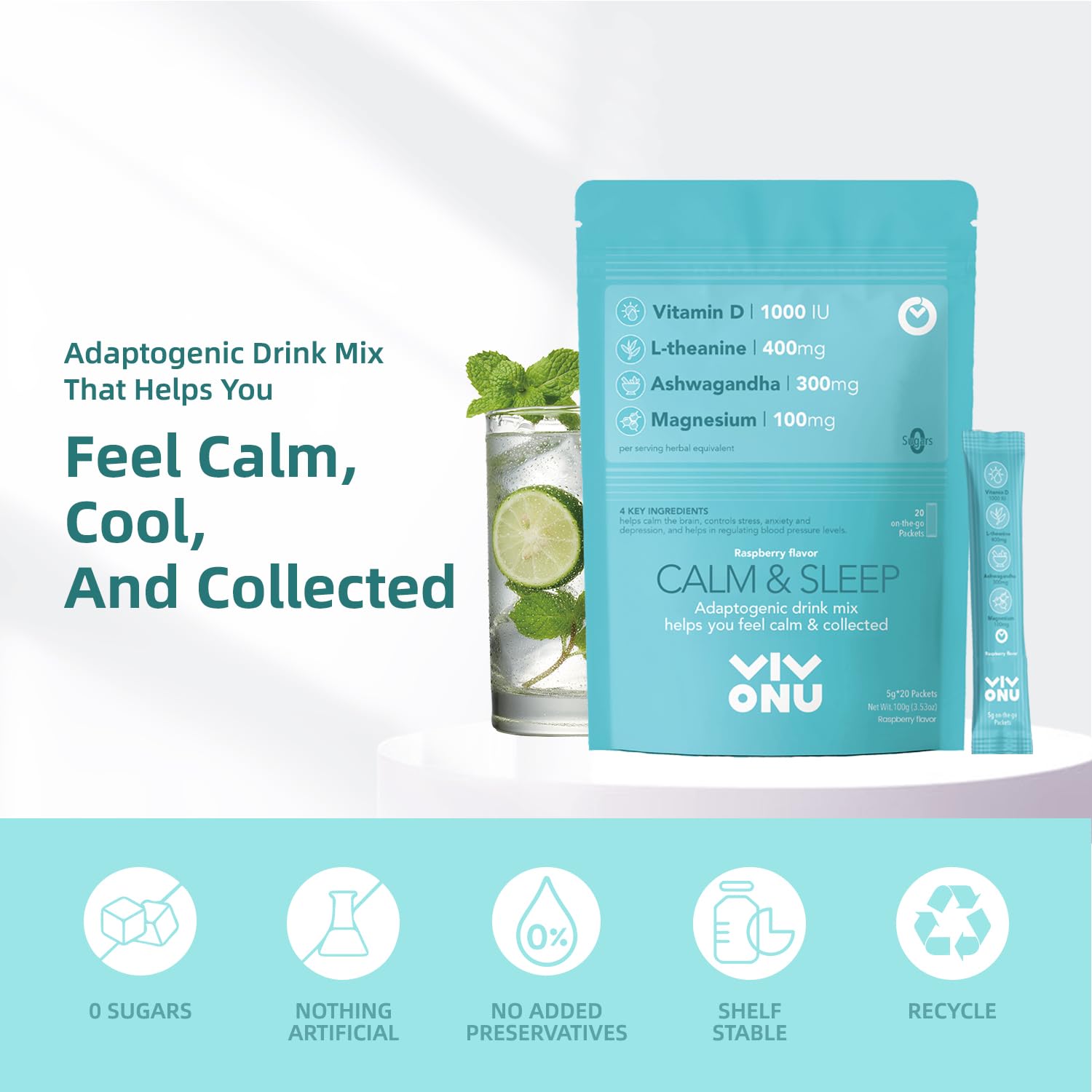 VivoNu Calm & Sleep Raspberry Powdered Drink Mix – L-Theanine, KSM-66 Ashwagandha, Magnesium Glycinate, Vitamin D3 | No Sugar, Non-GMO, 20pcs