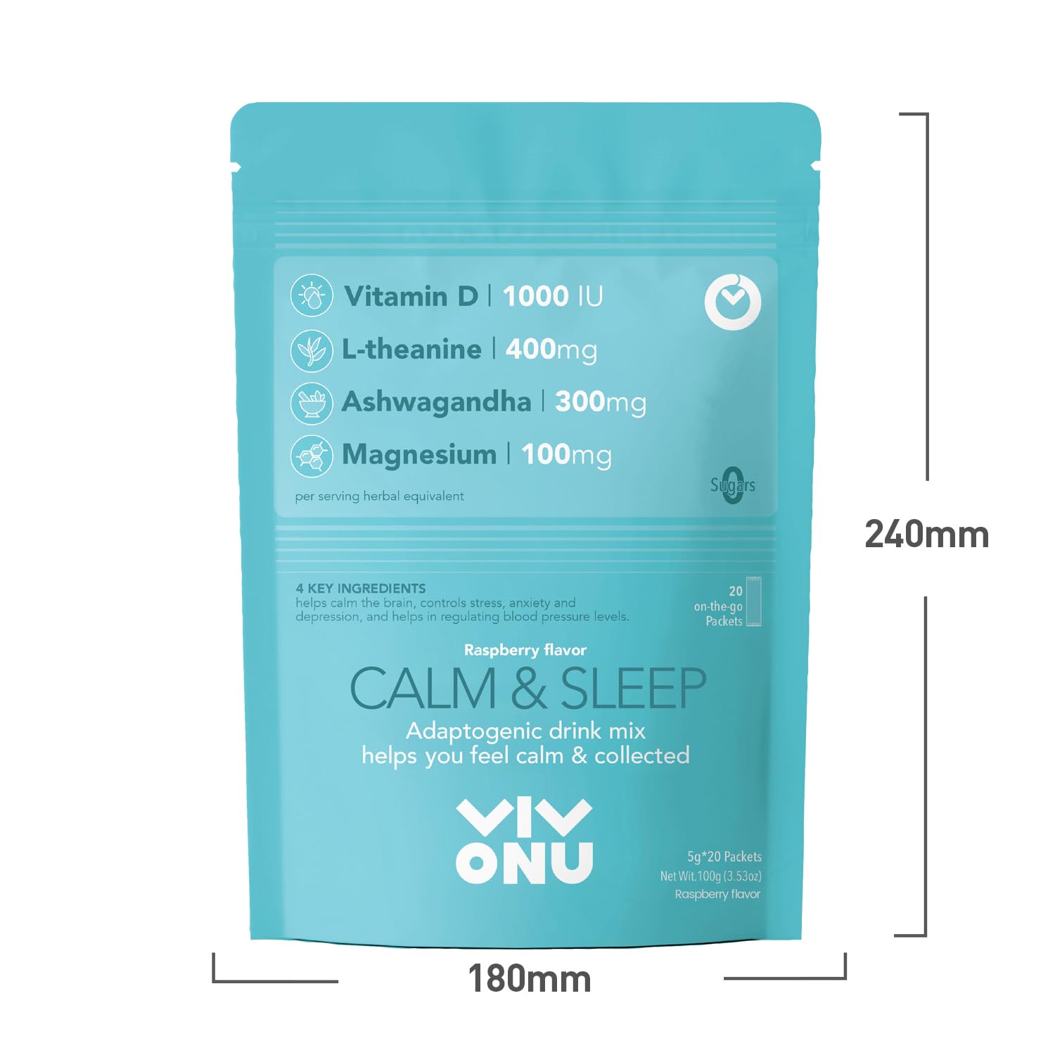 VivoNu Calm & Sleep Raspberry Powdered Drink Mix – L-Theanine, KSM-66 Ashwagandha, Magnesium Glycinate, Vitamin D3 | No Sugar, Non-GMO, 20pcs