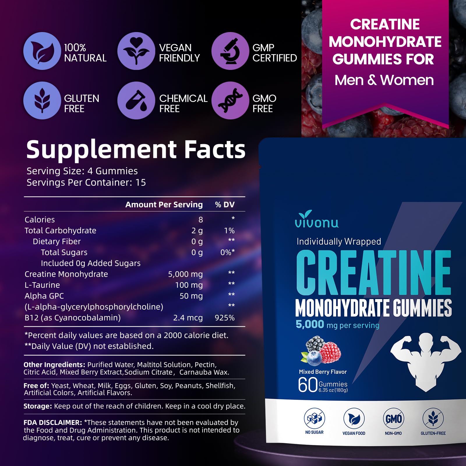 VivoNu Creatine Gummies – 5000mg Creatine Monohydrate Per Serving
