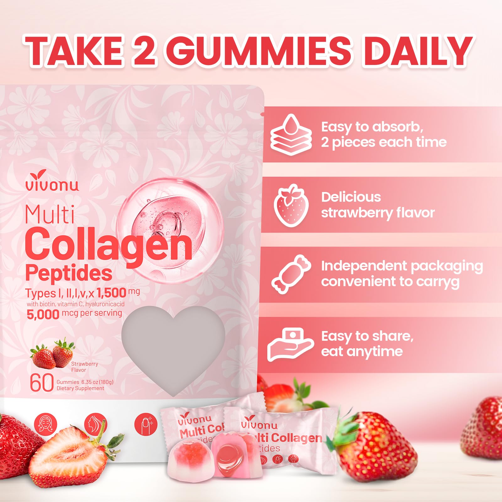 VivoNu Multi Collagen Gummies – Sugar-Free, 5-Type Collagen I II III V X + Biotin & B Vitamins