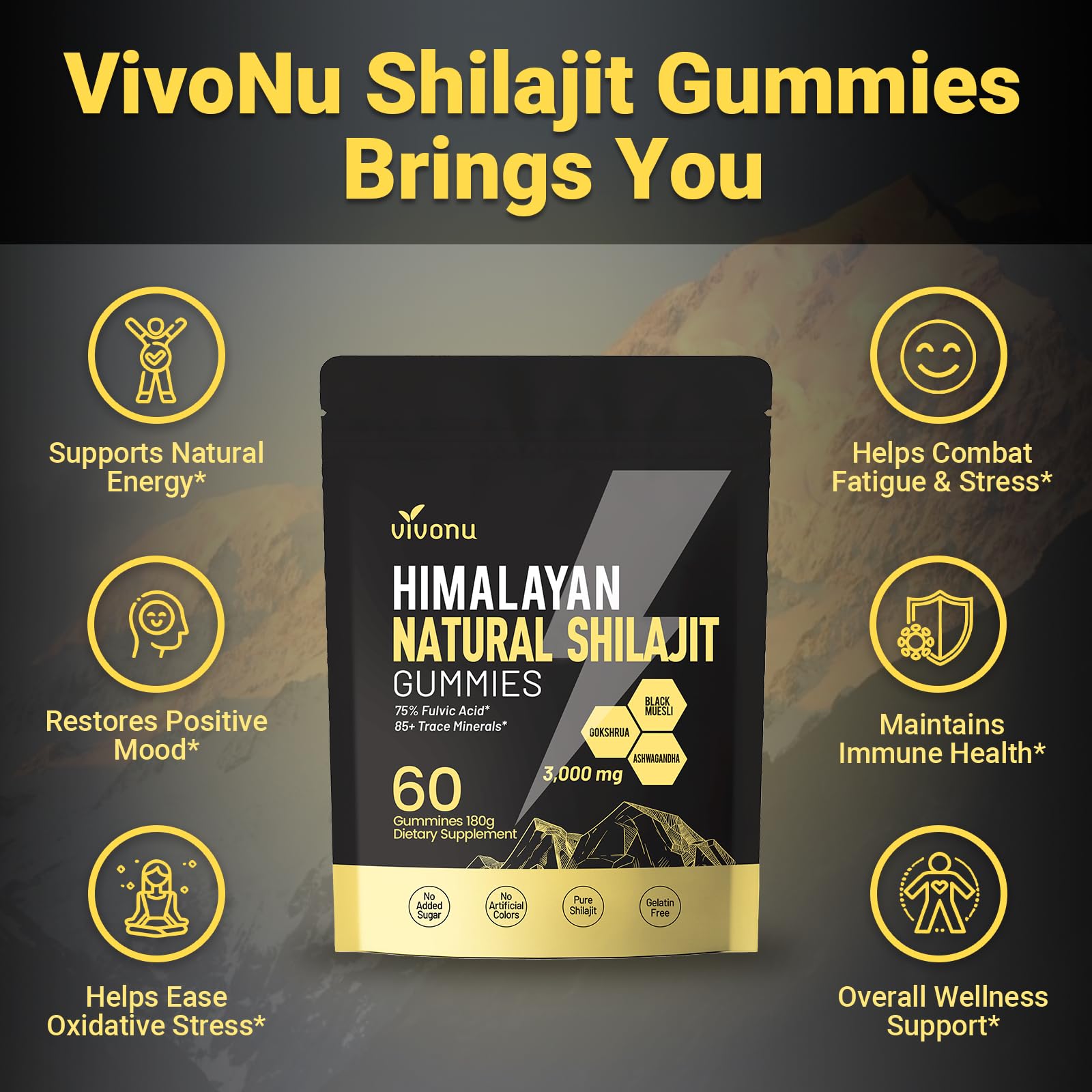 VivoNu Pure Himalayan Shilajit Gummies - 85+ Minerals, Non-GMO