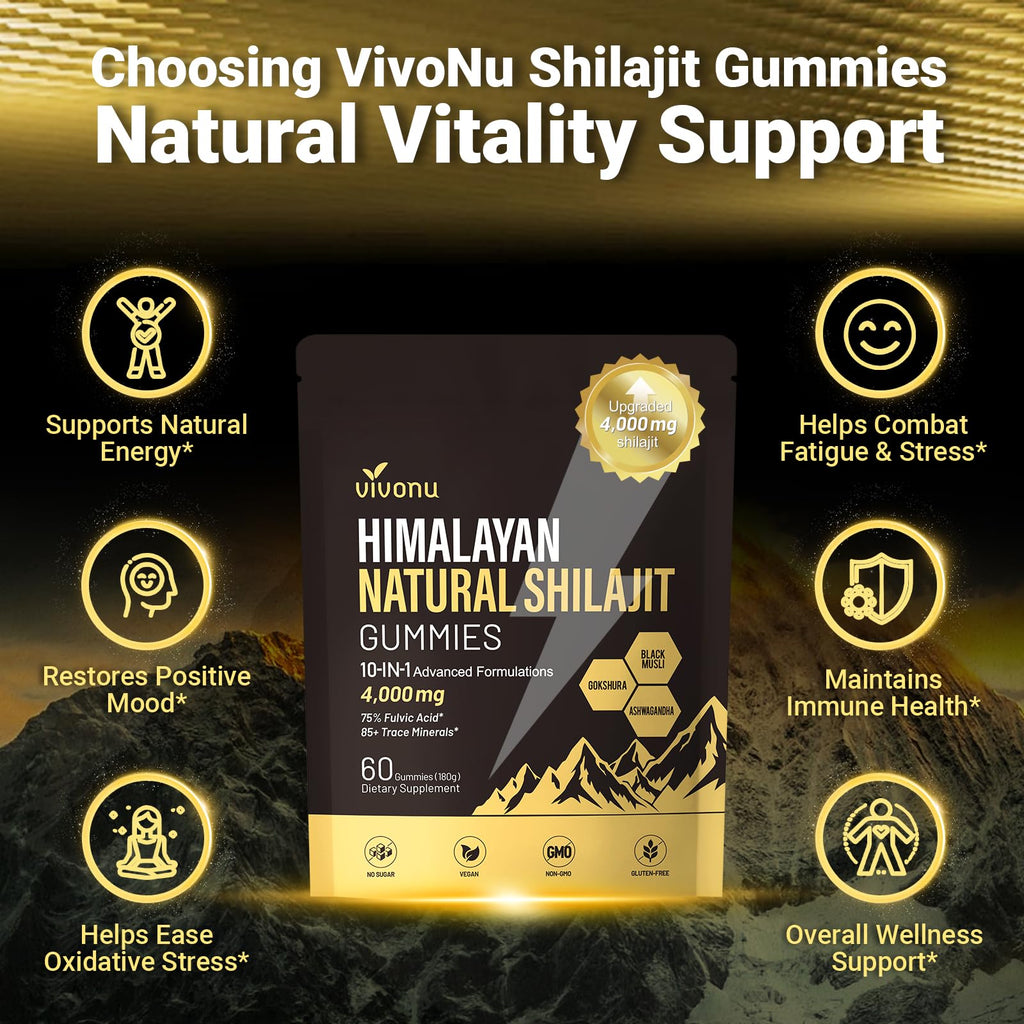 VivoNu Shilajit Gummies – 4000mg 10-in-1, Ashwagandha, Sugar-Free Vegan
