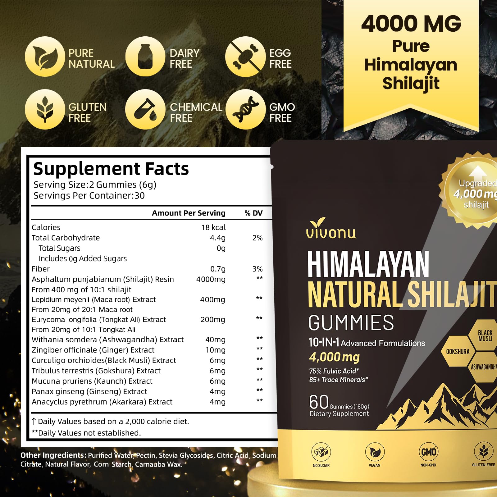 VivoNu Shilajit Gummies – 4000mg 10-in-1, Ashwagandha, Sugar-Free Vegan