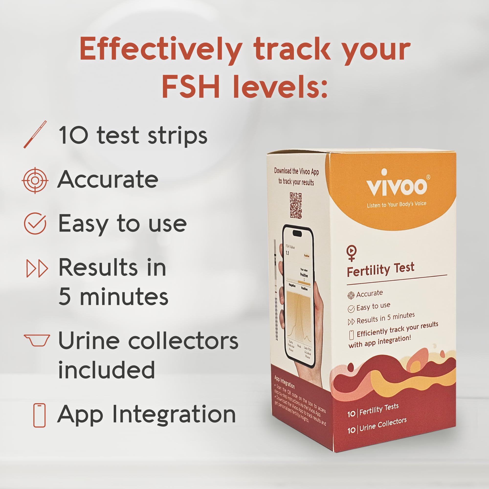 Vivoo Fertility Test – At-Home FSH Kit with 10 Strips & 10 Urine Collectors