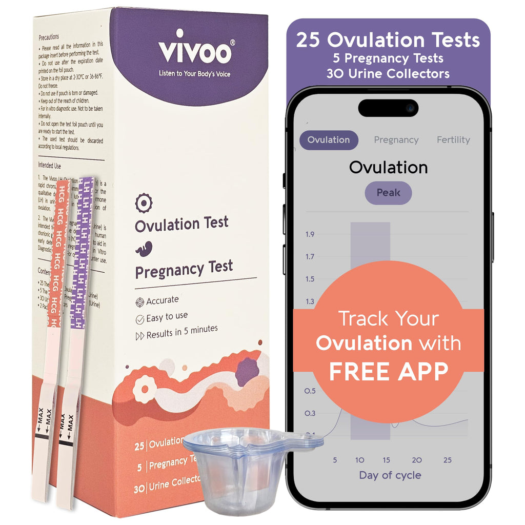 Vivoo Ovulation Test & Predictor Kit – Track Your Cycle with LH & HCG Tests | 25 LH Tests, 5 HCG Tests, 30 Cups