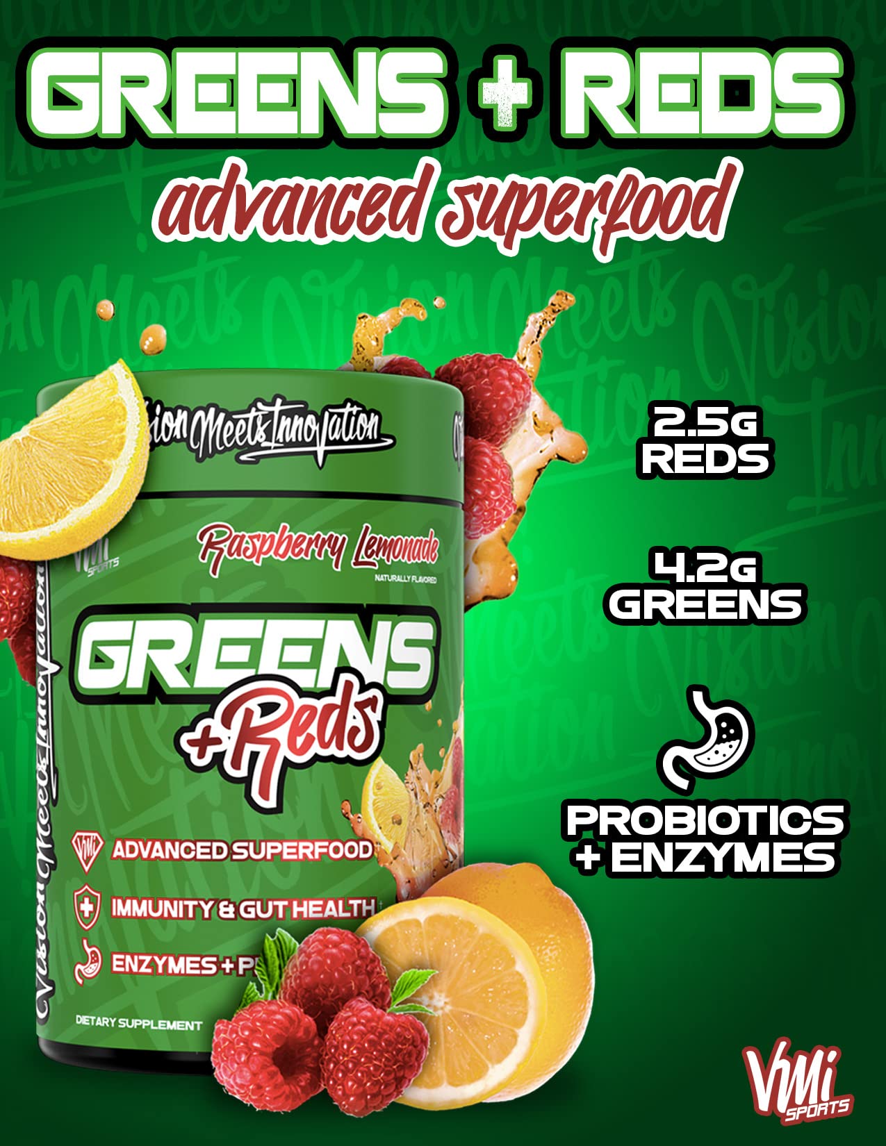 VMI Sports Greens + Reds Advanced Superfood – Immunity & Gut Health with Enzymes & Probiotics | 30 Servings (Dragon Fruit)