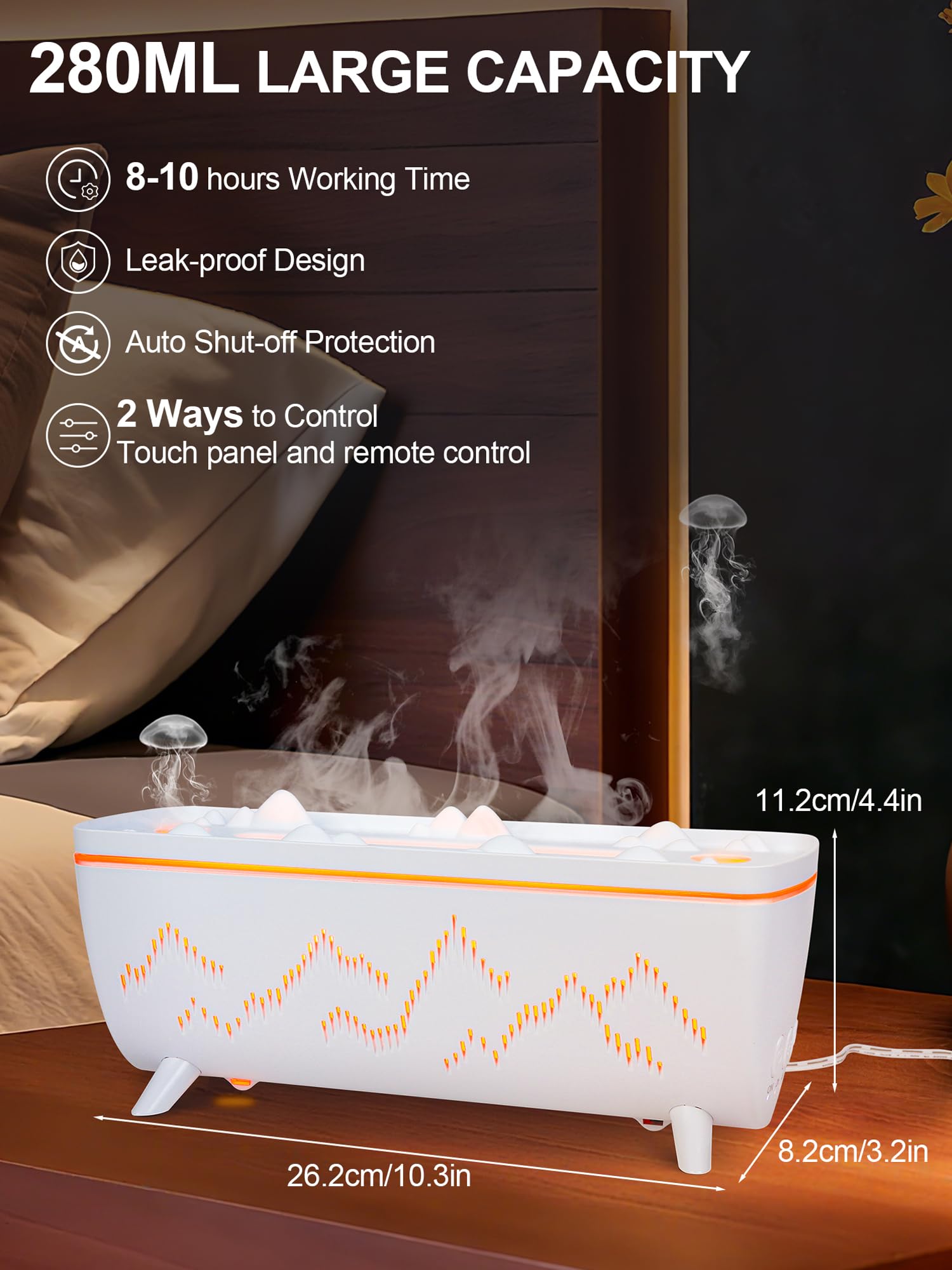 280ML Volcano Jellyfish Diffuser with Timer – Low Noise 3-Hole Flame Mist, Leak-Proof