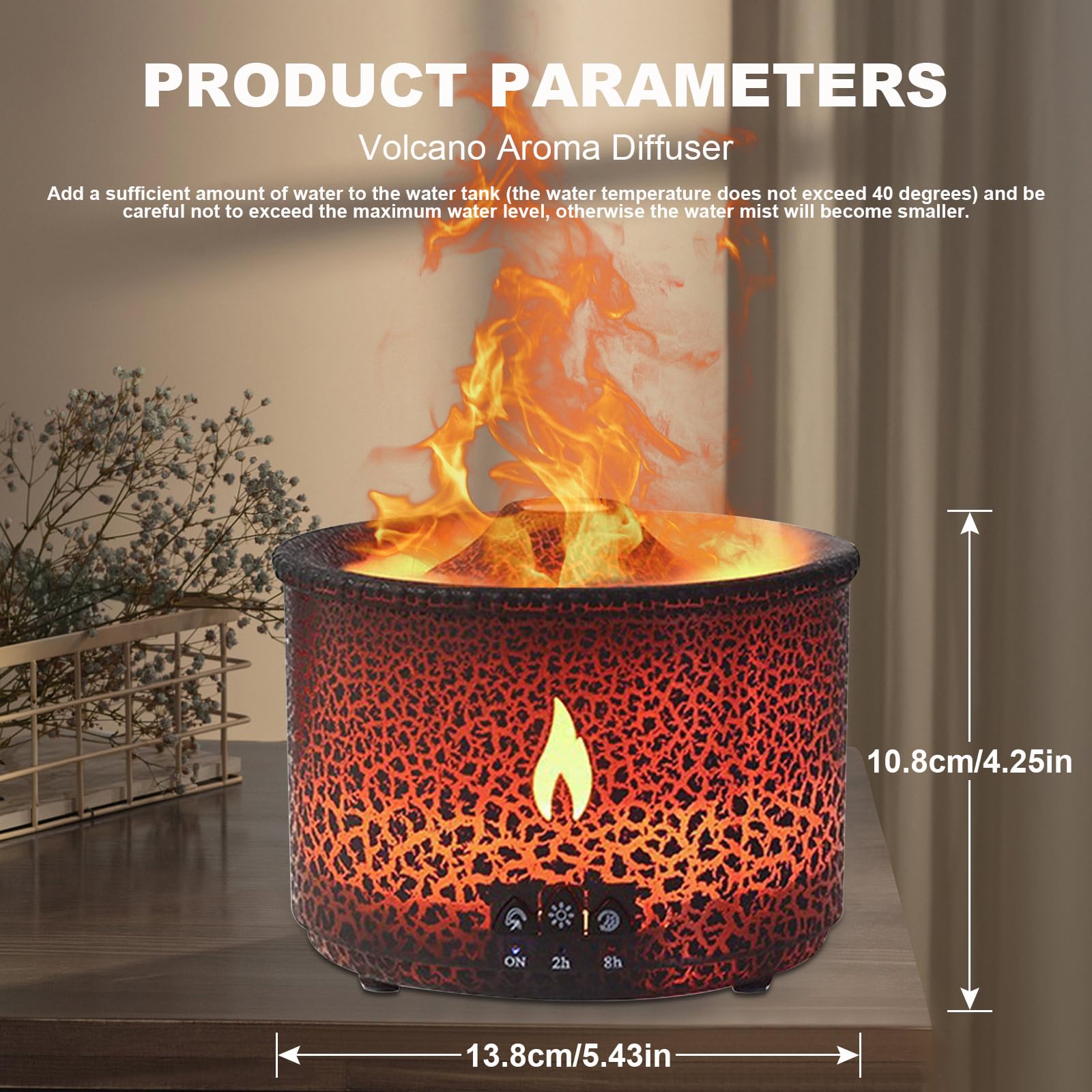 Volcano Humidifier Quiet Flame Diffuser – 300ml, 2 Modes, Remote, Auto Shut-Off (Red & Blue)
