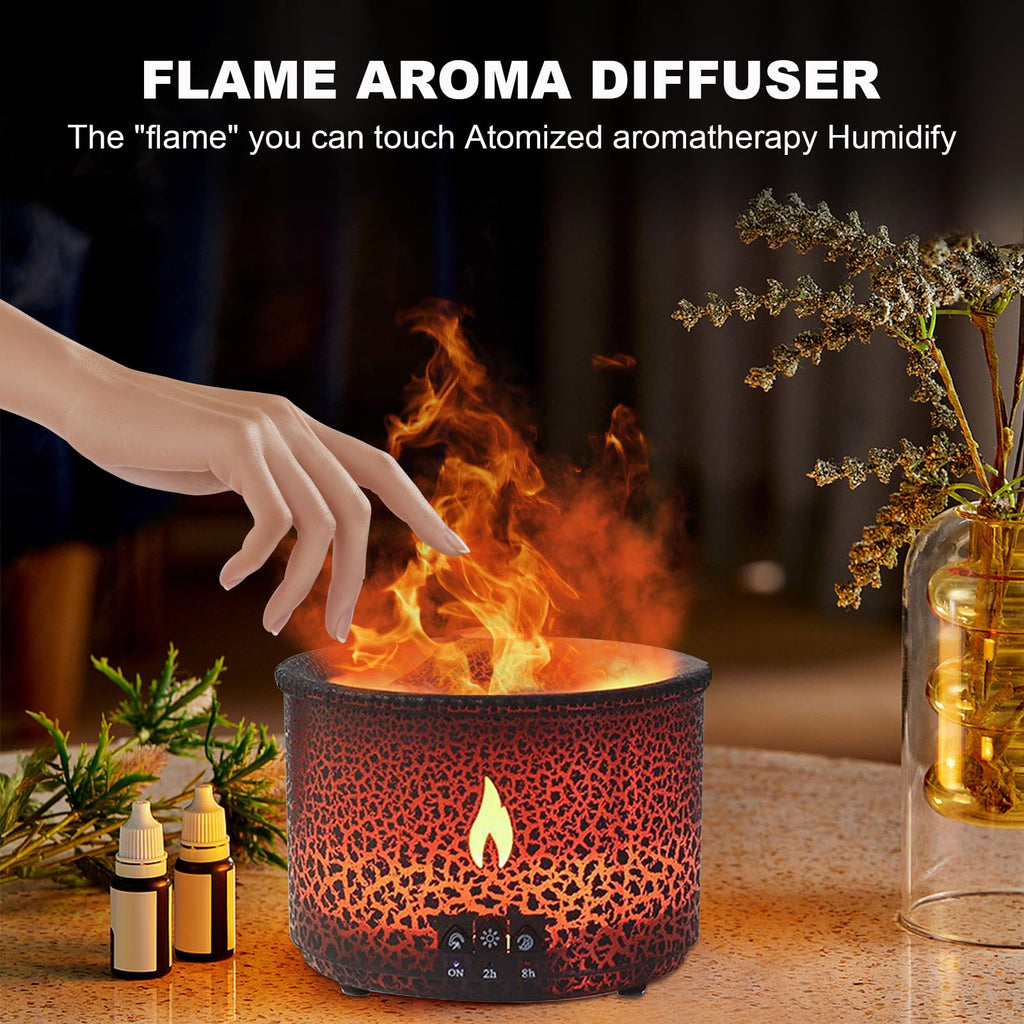 Volcano Humidifier Quiet Flame Diffuser – 300ml, 2 Modes, Remote, Auto Shut-Off (Red & Blue)