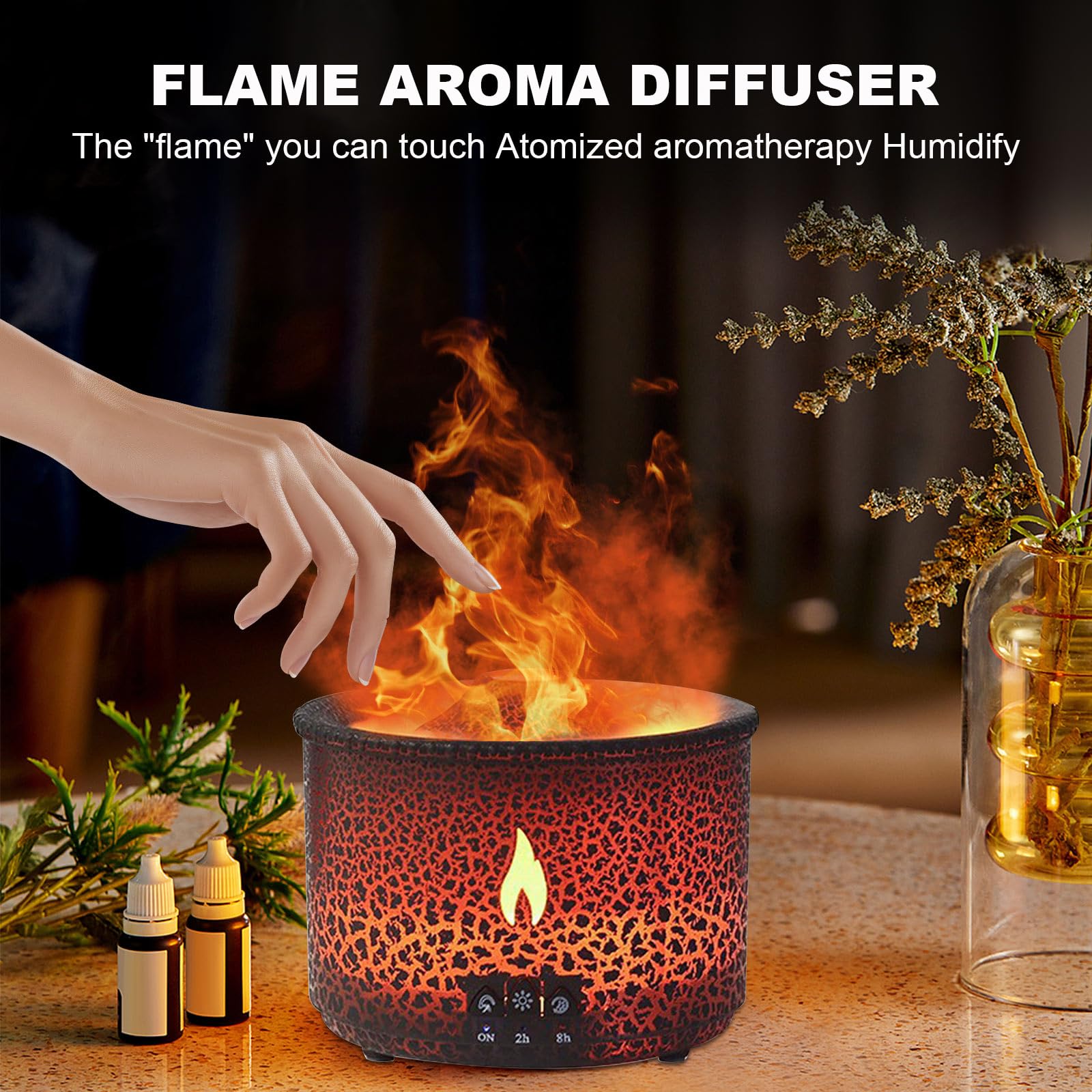 Volcano Humidifier Quiet Flame Diffuser – 300ml, 2 Modes, Remote, Auto Shut-Off (Red & Blue)