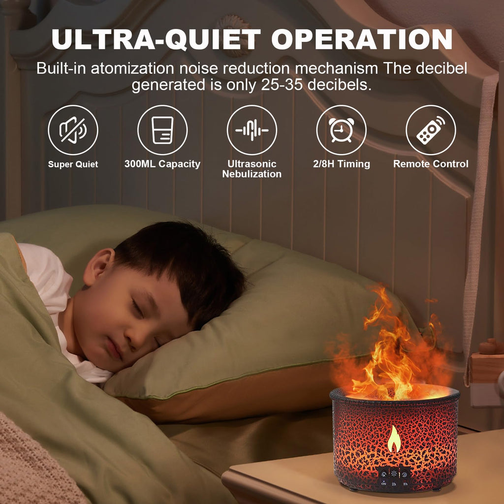 Volcano Humidifier Quiet Flame Diffuser – 300ml, 2 Modes, Remote, Auto Shut-Off (Red & Blue)