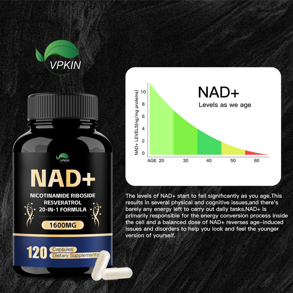 VPKIN NAD Supplement 1500mg NAD+ with Resveratrol, Nicotinamide, Quercetin & CoQ10 – 120 Vegan Capsules (Non-GMO)