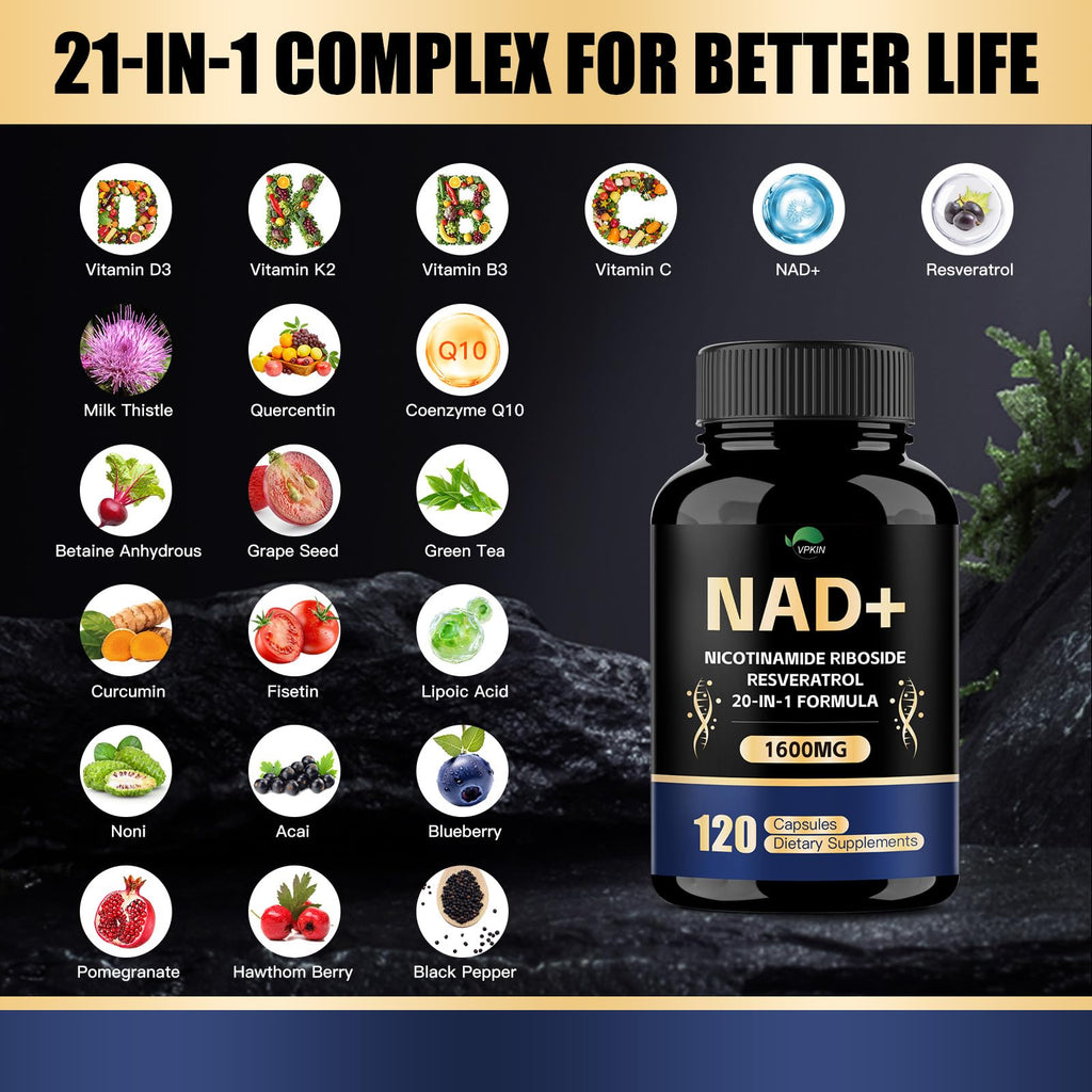 VPKIN NAD Supplement 1500mg NAD+ with Resveratrol, Nicotinamide, Quercetin & CoQ10 – 120 Vegan Capsules (Non-GMO)