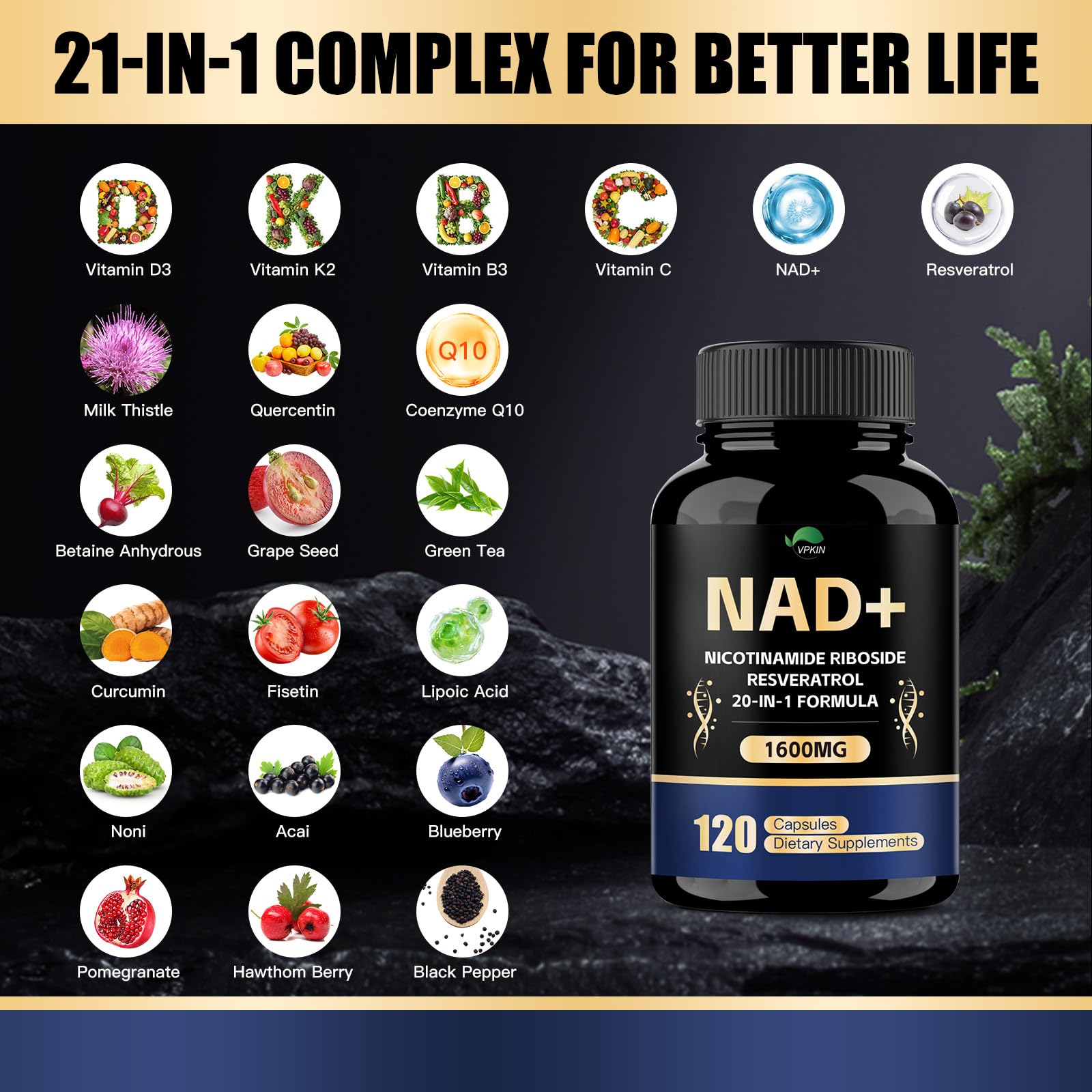 VPKIN NAD Supplement 1500mg NAD+ with Resveratrol, Nicotinamide, Quercetin & CoQ10 – 120 Vegan Capsules (Non-GMO)