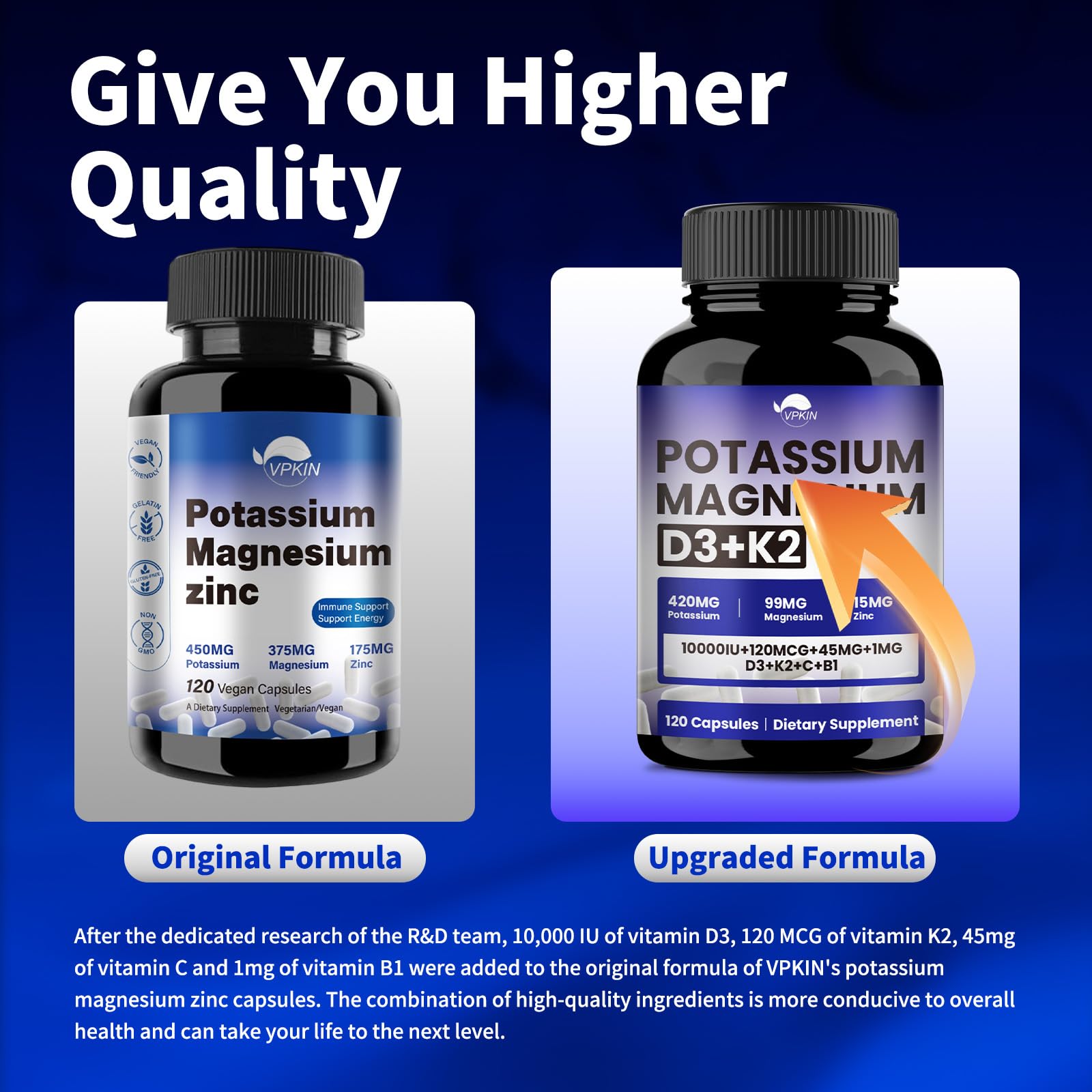VPKIN Potassium Magnesium Zinc & D3 K2 Supplement – 120 Vegan Capsules, Immune & Energy Support
