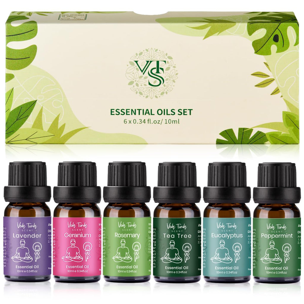 VTS Essential Oils Set (6x10ml) - Lavender, Peppermint, Eucalyptus, Tea Tree, Geranium, Rosemary