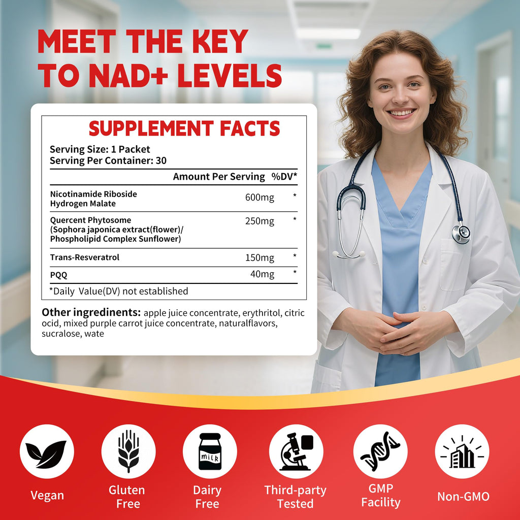 Vyaji 1000mg NAD⁺NR Liquid Supplement – 80% Absorption | NR, Resveratrol, Quercetin & PQQ | 30 Packets
