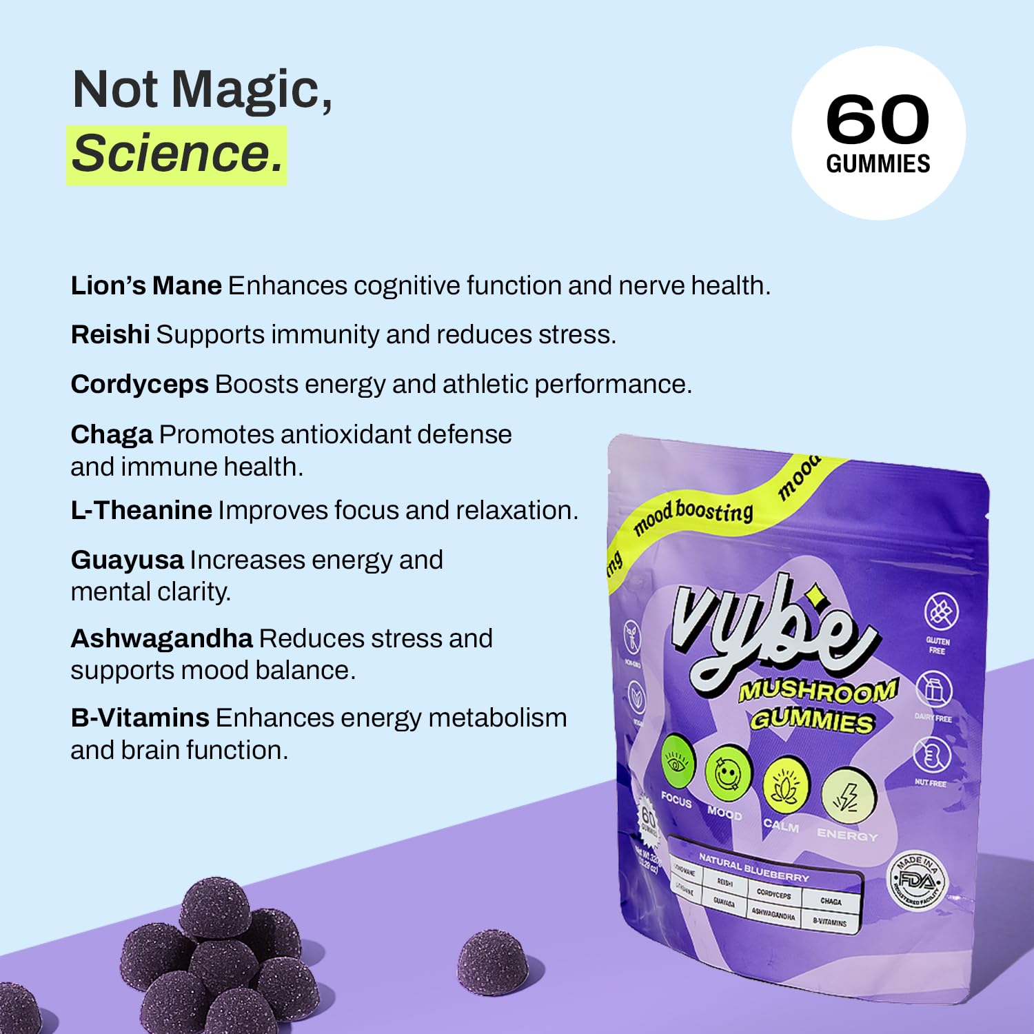 Vybe Daily Nootropic Gummies – 8-in-1 Brain Support (Blueberry)