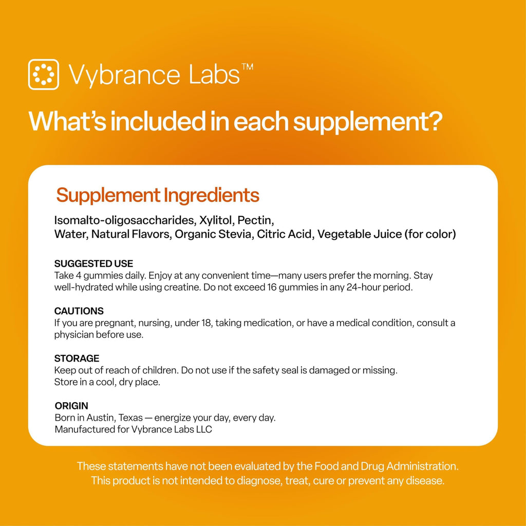 VYBRANCE LABS Creapure Creatine Gummies 5g + Taurine & B12 – Sugar-Free, Vegan, Gluten-Free – Citrus Mango (120 Count)