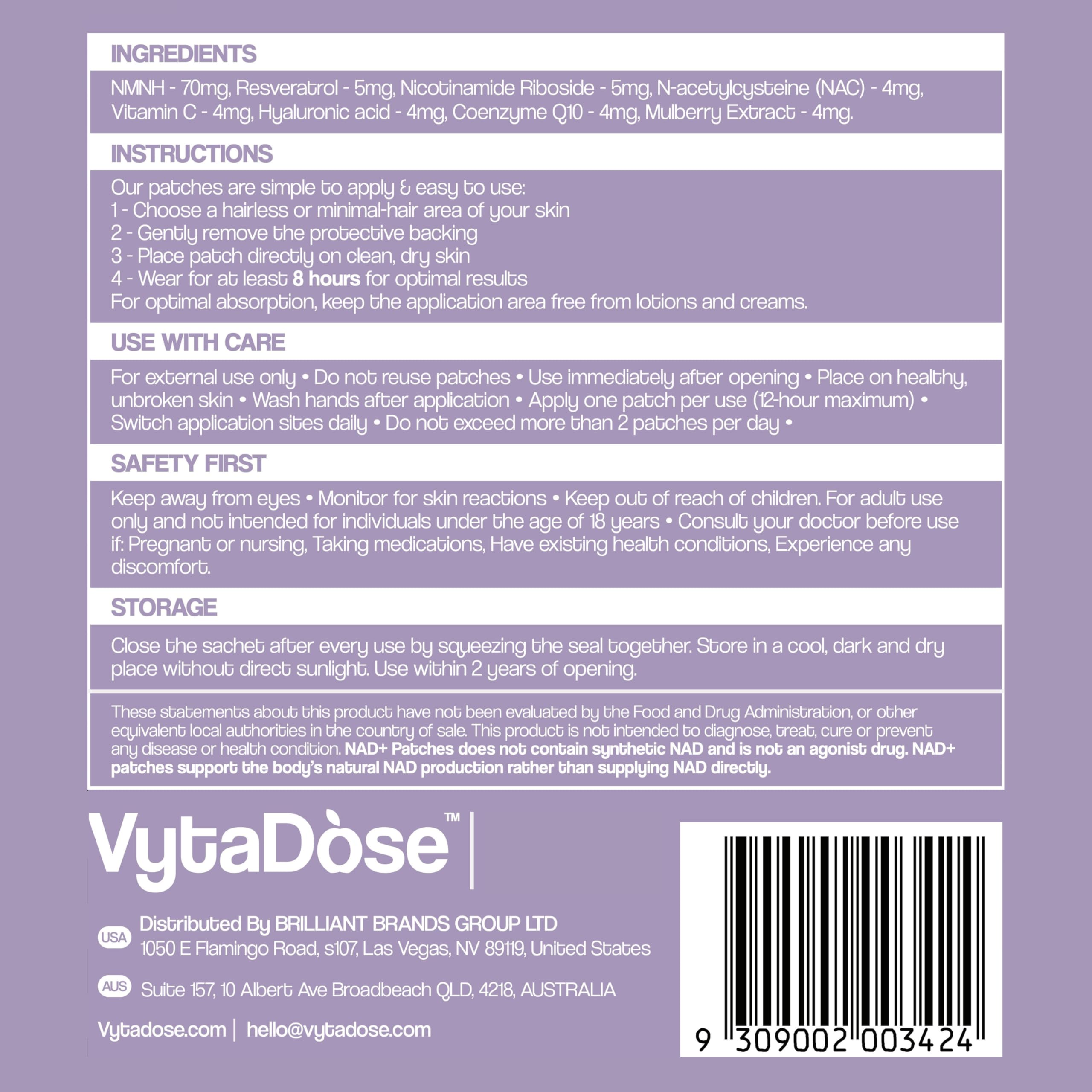 Vytadose NAD+ Boost Patches | Anti-Aging & Wellness | 8-Hour Time-Release