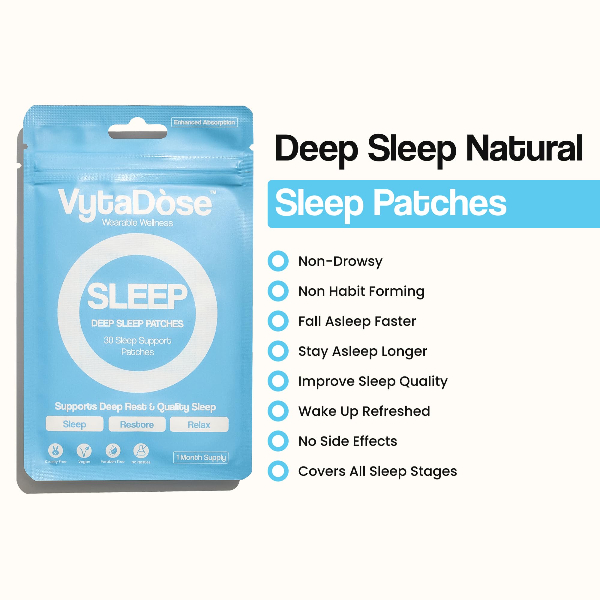 Vytadose Melatonin-Free Herbal Sleep Patches – 8-Hour Time-Release (Adults & Kids)