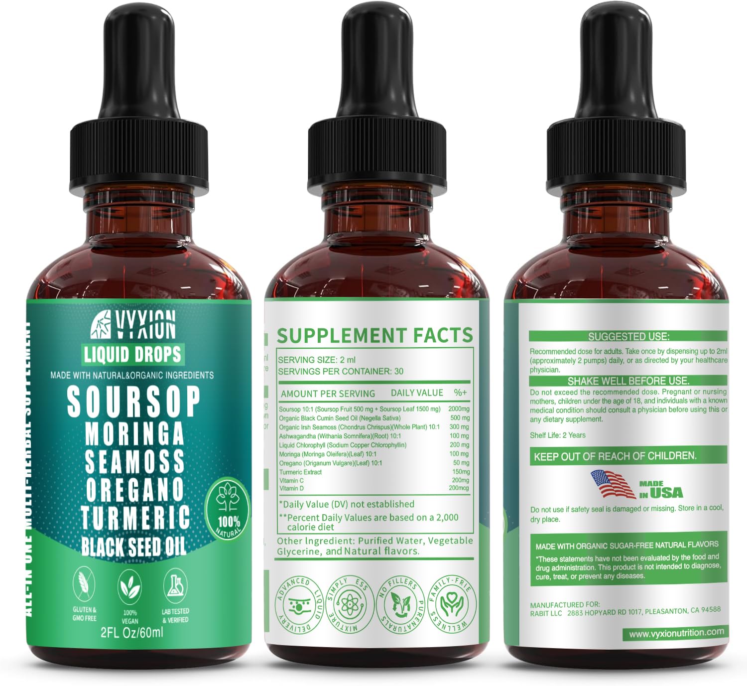 Soursop Bitters Liquid Drops 10-in-1 – Sea Moss, Moringa, Turmeric, Ashwagandha | 2 Fl Oz | Vegan, Non-GMO