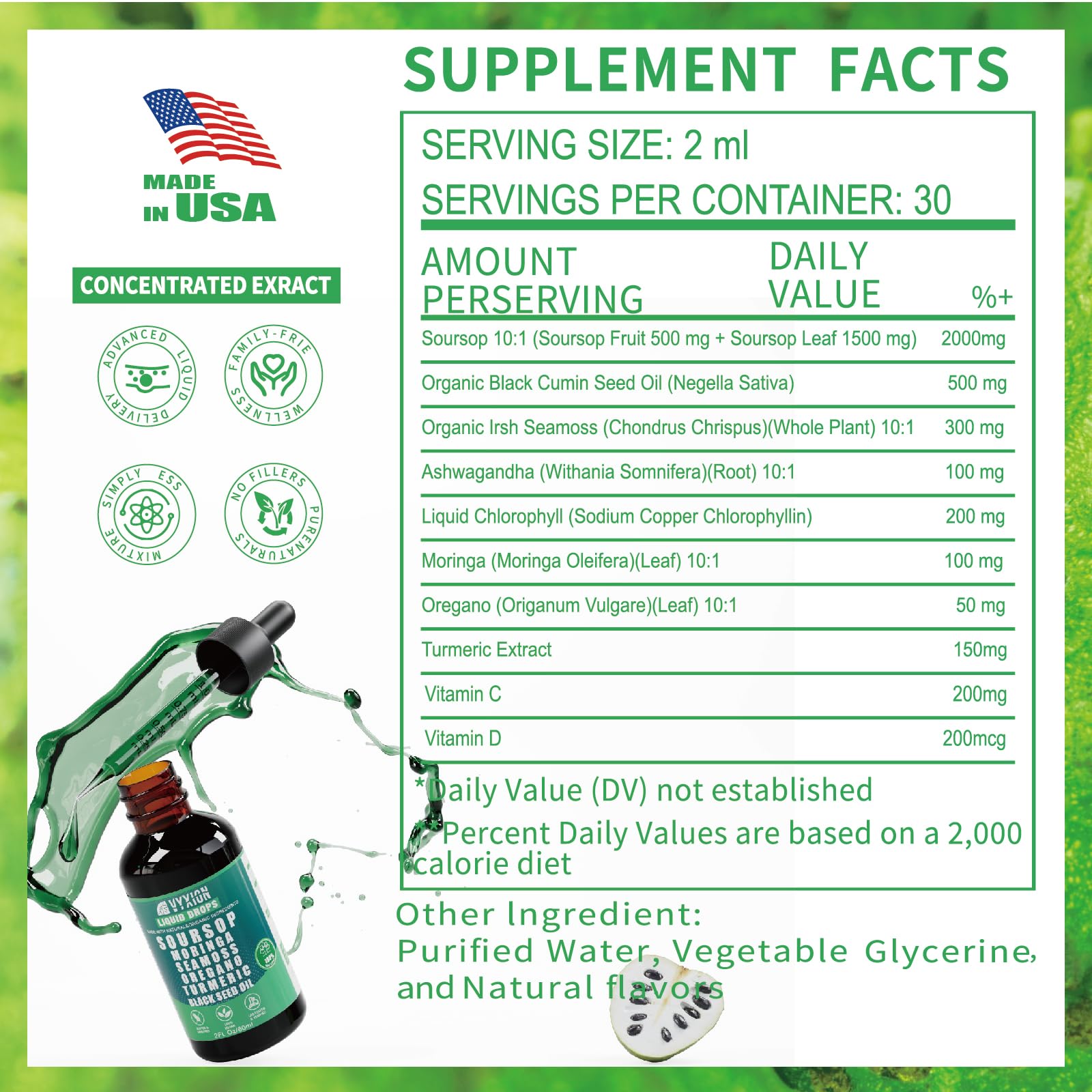Soursop Bitters Liquid Drops 10-in-1 – Sea Moss, Moringa, Turmeric, Ashwagandha | 2 Fl Oz | Vegan, Non-GMO