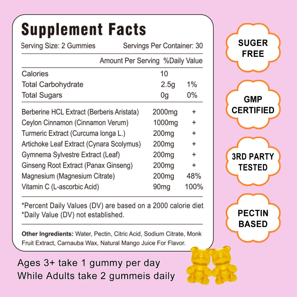 VZOXAINS Berberine with Ceylon Cinnamon Gummies – High Potency Berberine HCl, Immune Health Support, 120 Mango Gummies