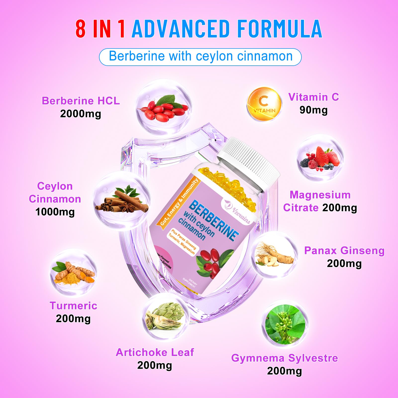 VZOXAINS Berberine with Ceylon Cinnamon Gummies – High Potency Berberine HCl, Immune Health Support, 120 Mango Gummies