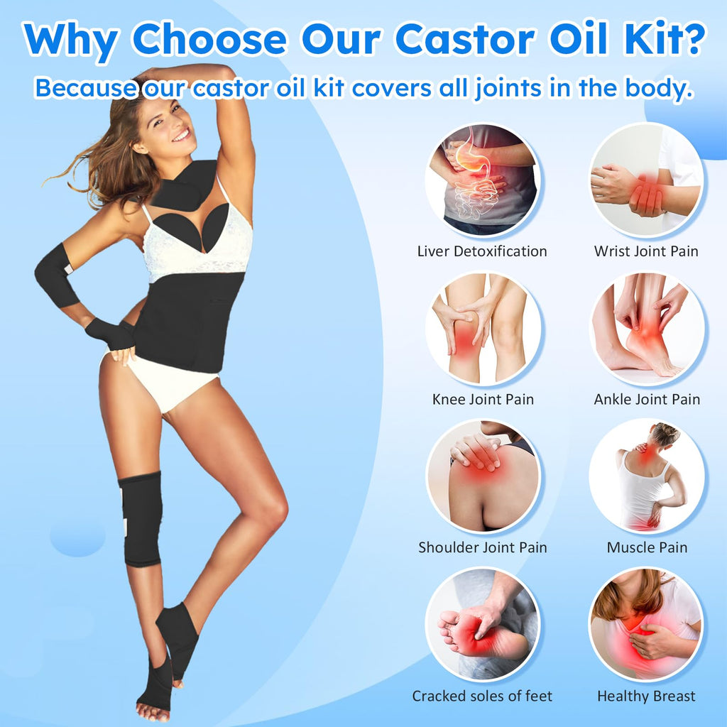Castor Oil Pack Wrap Kit – 10 Pcs Reusable Organic Cotton with Adjustable Straps (Black)