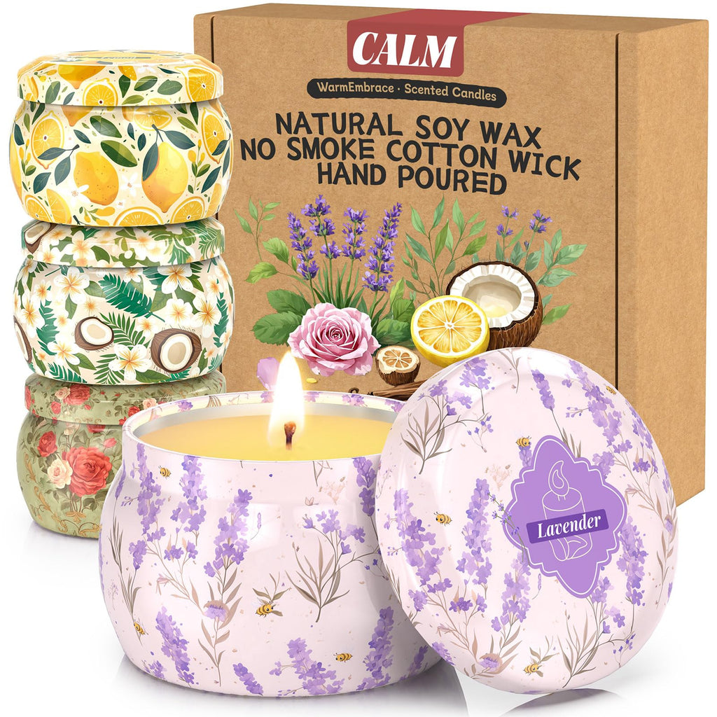 WarmEmbrace 4pc Scented Soy Candles Set – 4.4 oz Each | Lavender, Rose & Sandalwood, Vanilla Coconut, Lemon | Gift for Women