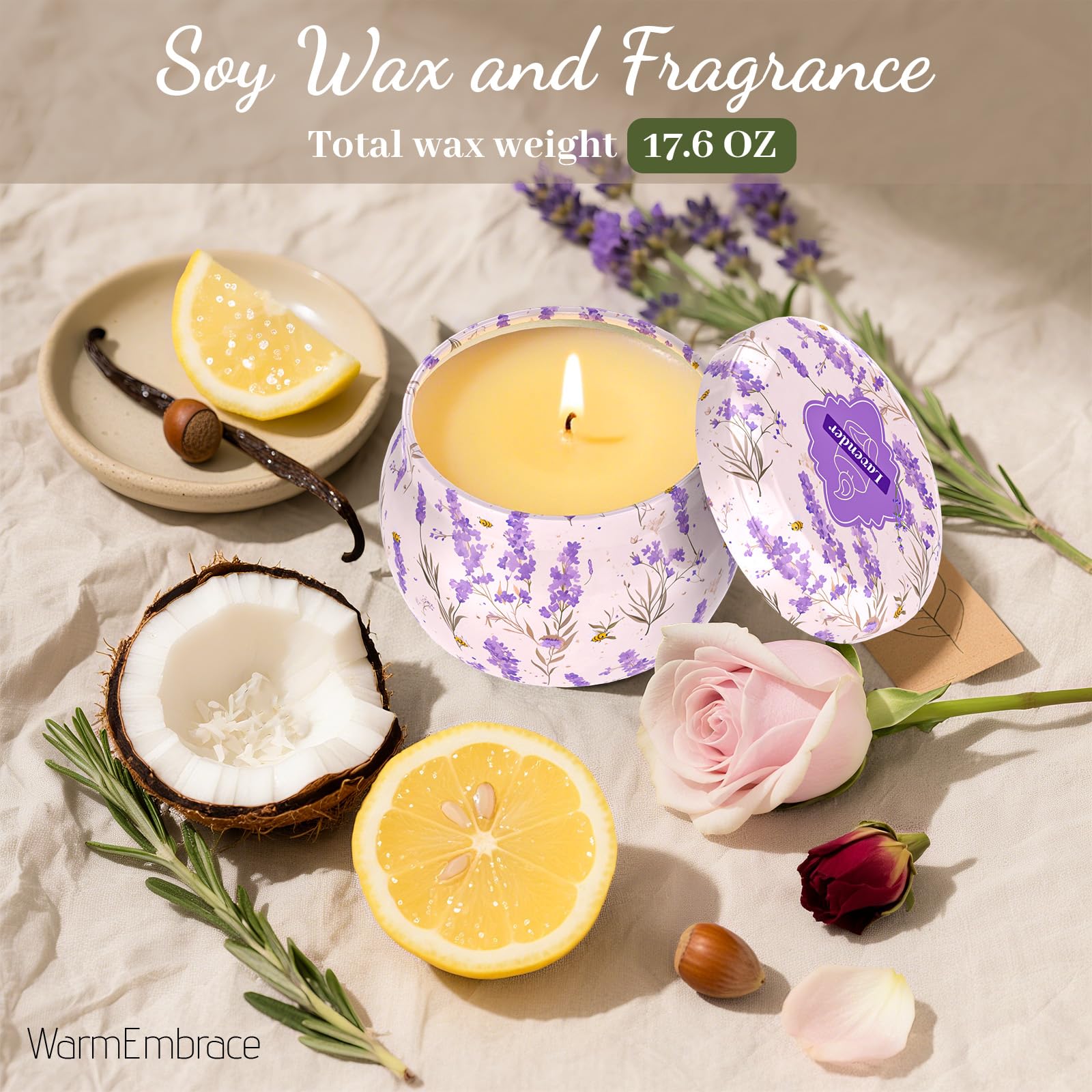 WarmEmbrace Scented Candles for Women | 8 Pack Soy Candle Set | 4.4 oz Each | Lavender, Coconut & Christmas Holiday Scents | Gift Set | 240H Burning Time