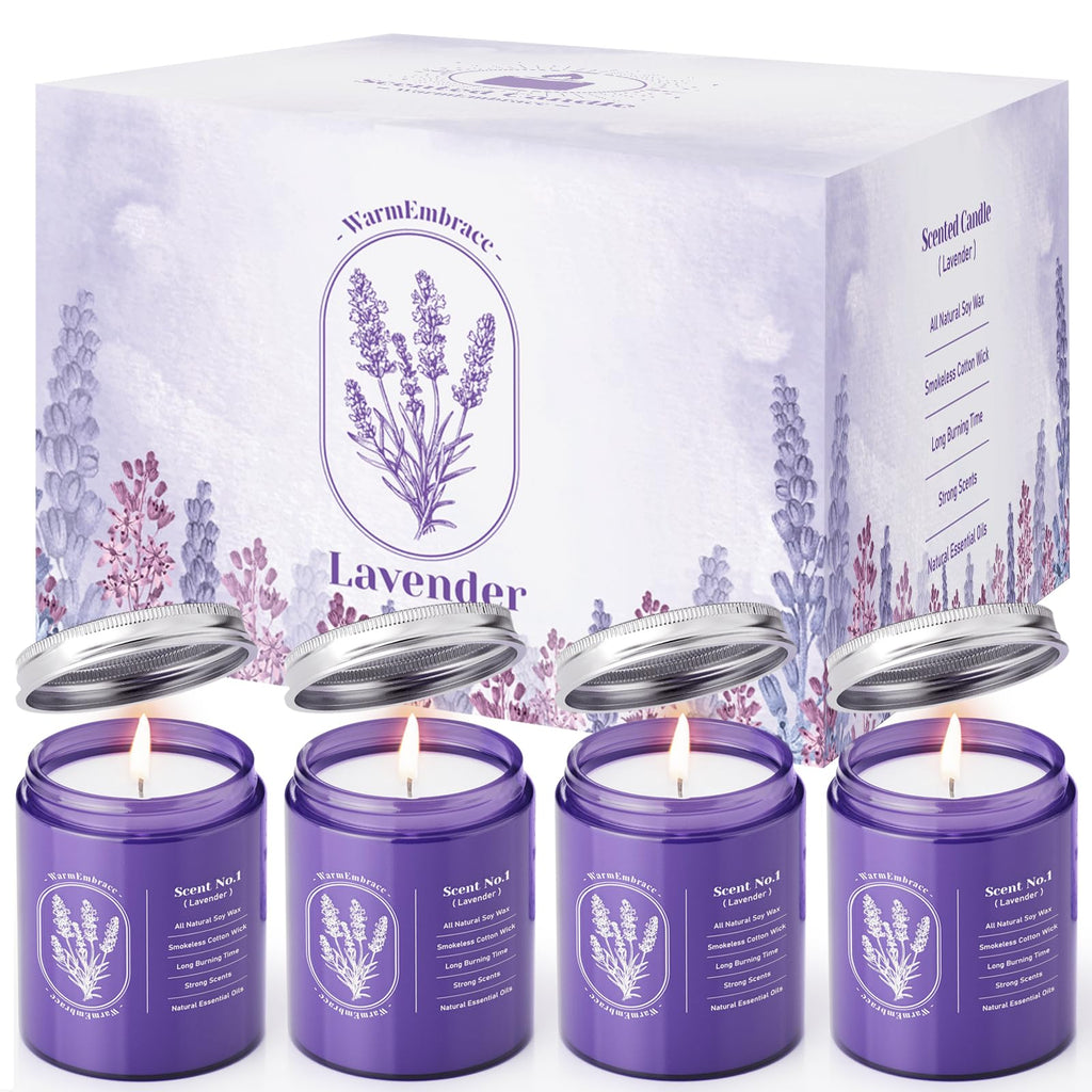 WarmEmbrace Lavender Candles - 4 Pack, 160-Hour Long-Lasting Purple Jars