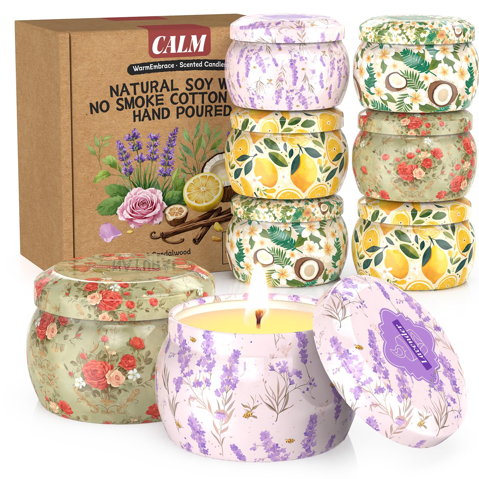 WarmEmbrace Scented Candles for Women | 8 Pack Soy Candle Set | 4.4 oz Each | Lavender, Coconut & Christmas Holiday Scents | Gift Set | 240H Burning Time