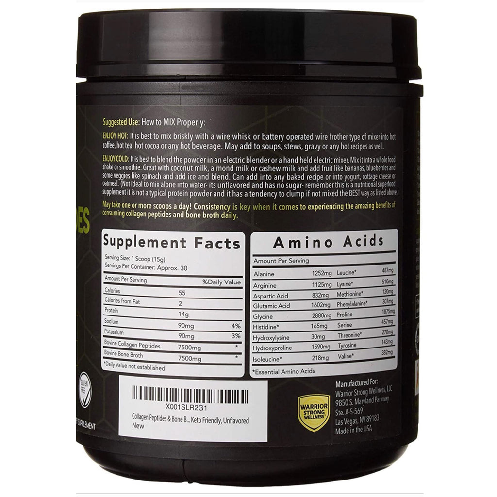 Warrior Strong Wellness Premium Collagen Peptides Bone Broth Powder – Grass-Fed, Unflavored, Keto Friendly