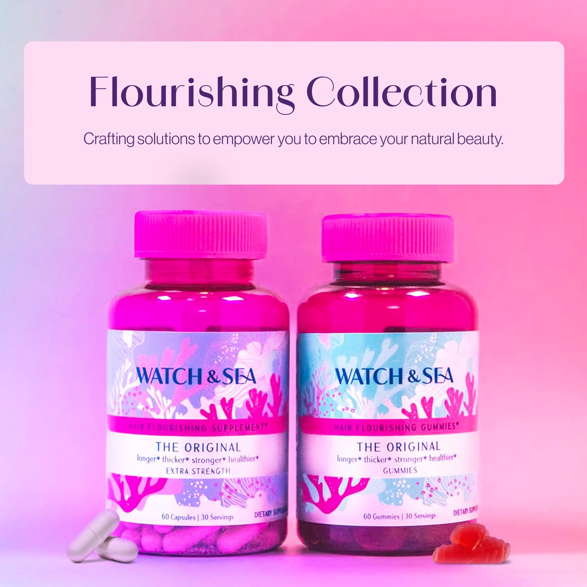 Watch & Sea Flourishing Hair Gummies – Biotin, Marine Collagen, Passion Fruit (60 Gummies)