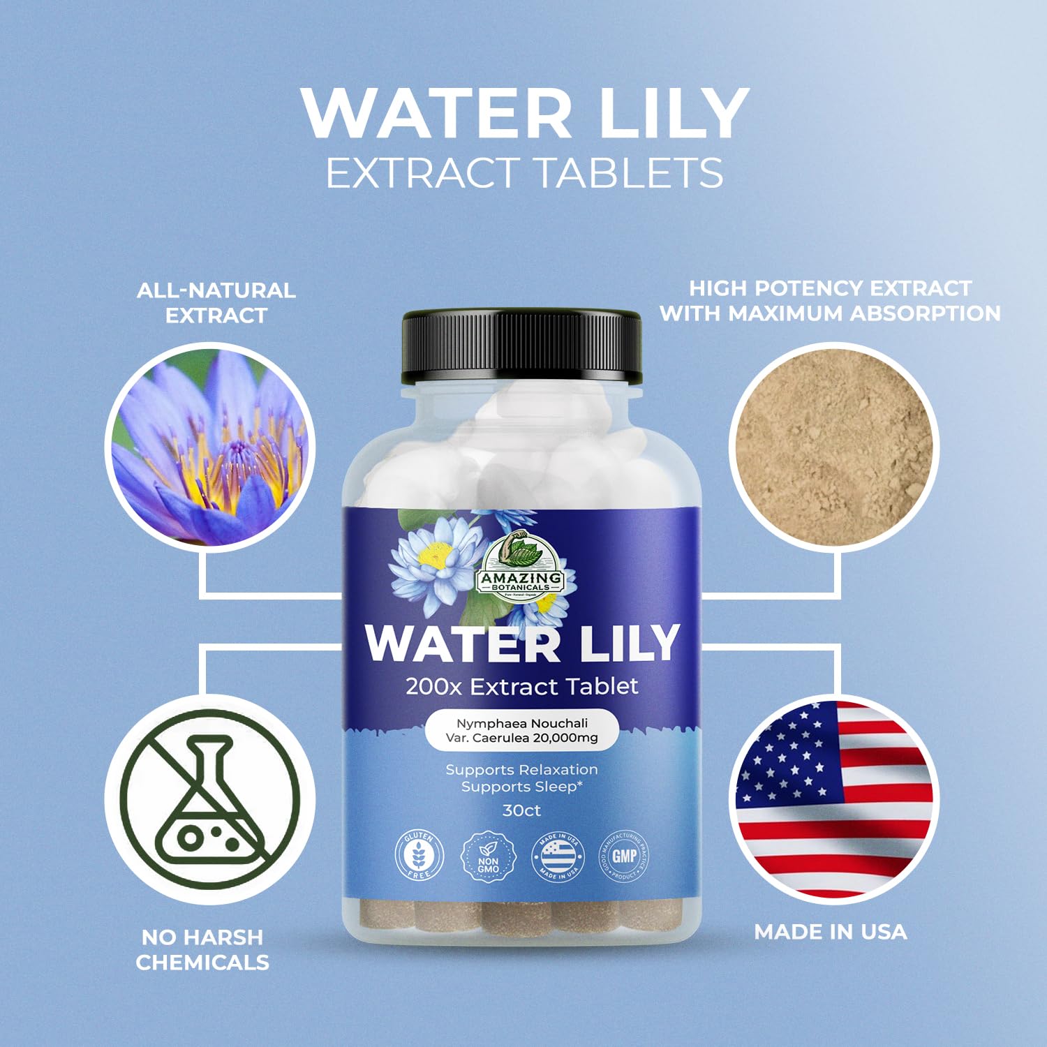 Water Lily 200X Extract Tablets 20,000mg | Relaxation & Sleep | Amazing Botanicals (30 Tablets)