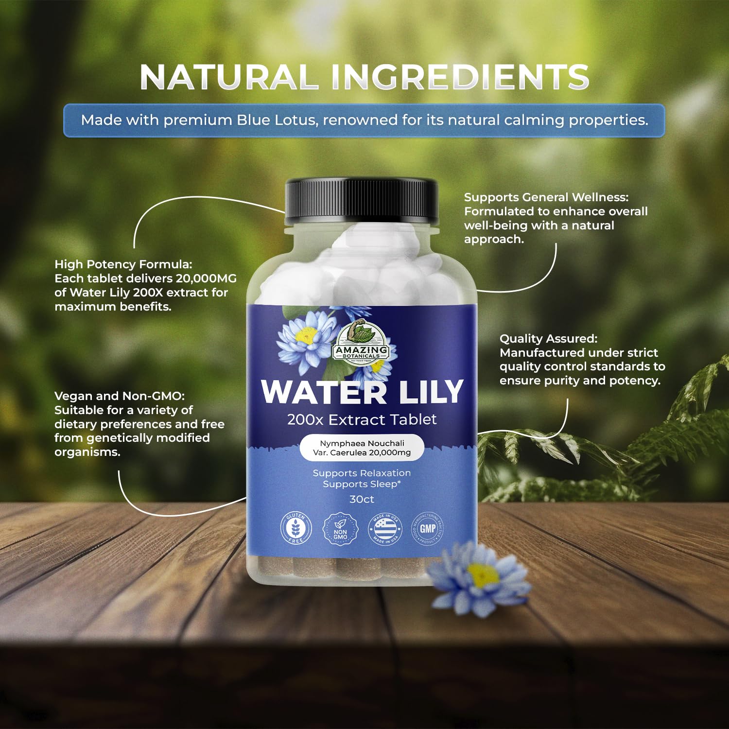 Water Lily 200X Extract Tablets 20,000mg | Relaxation & Sleep | Amazing Botanicals (30 Tablets)