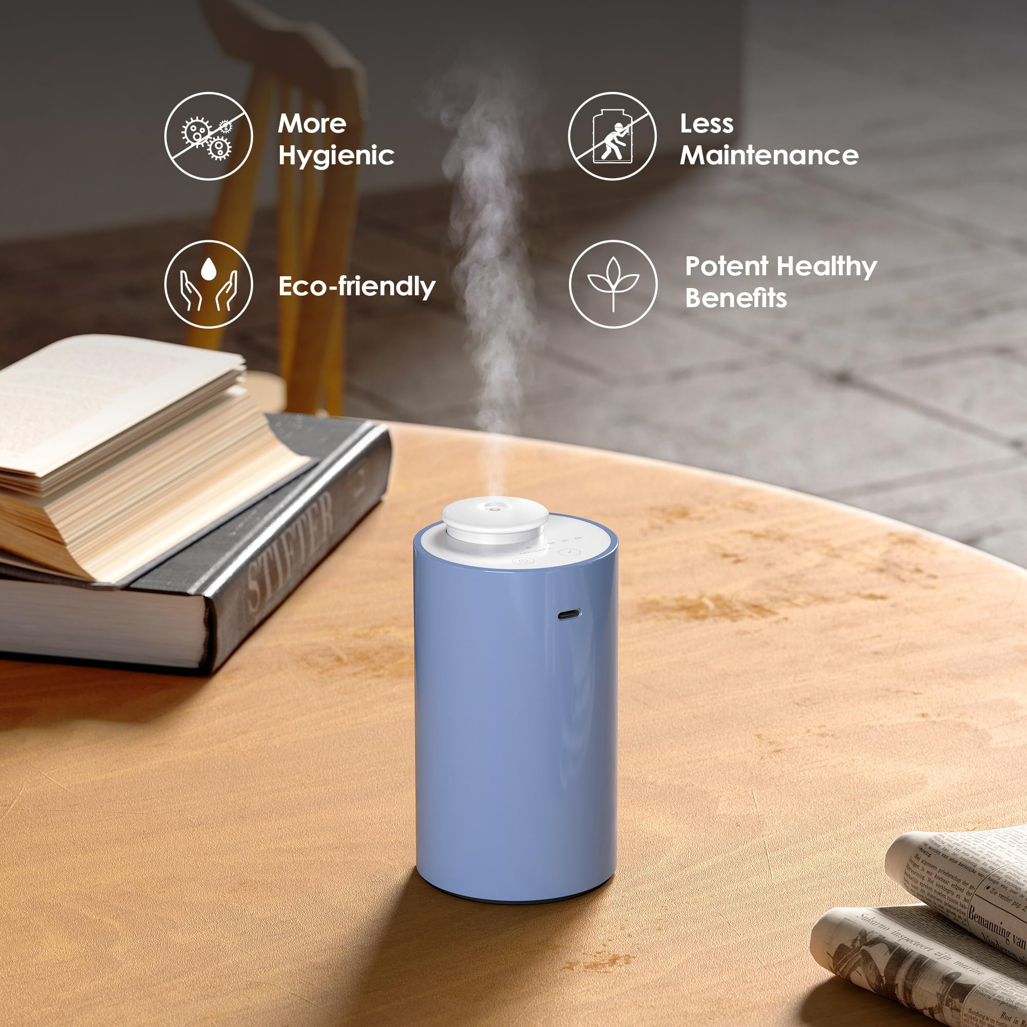Waterless Essential Oil Diffuser – Battery-Operated Nebulizer, 20mL, 3 Mist Levels, 3 Timers (AN6 Light Steel Blue)